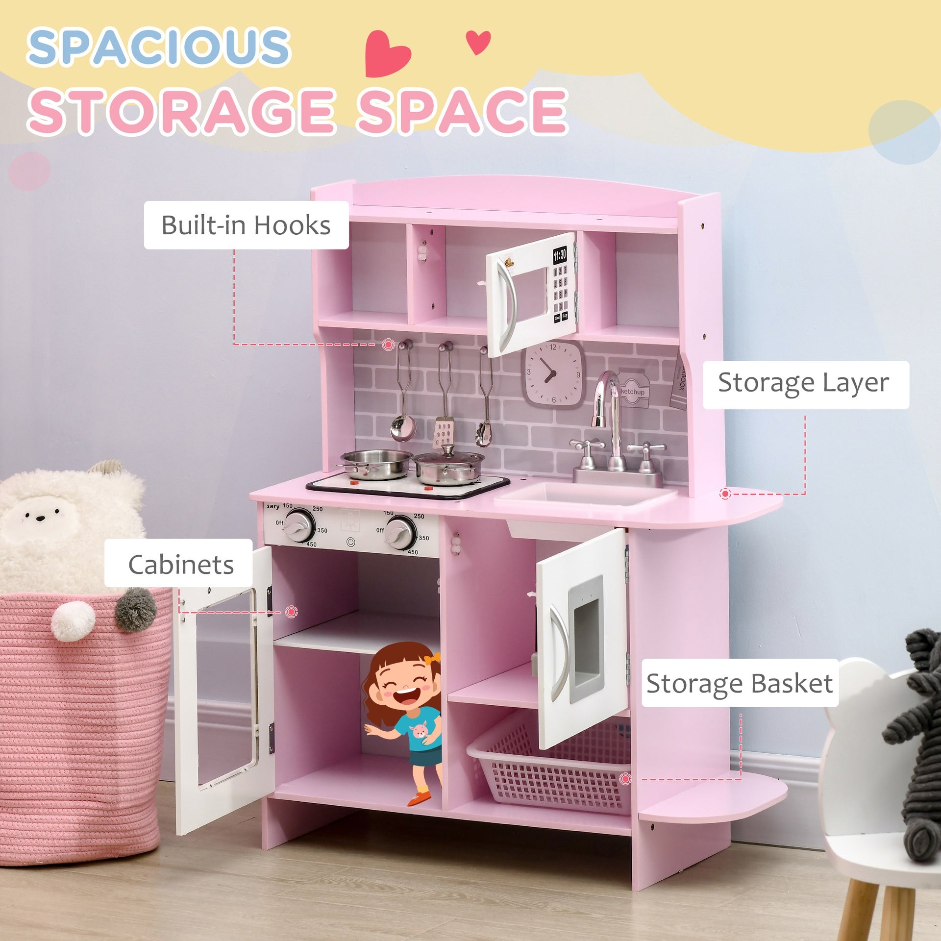Qaba Pretend Play Kitchen with Sound Effects and Stove Lights, Kids Kitchen Playset with Storage, Water Dispenser Preschool & Kindergarten Gift for 3-6 Years Old, Pink