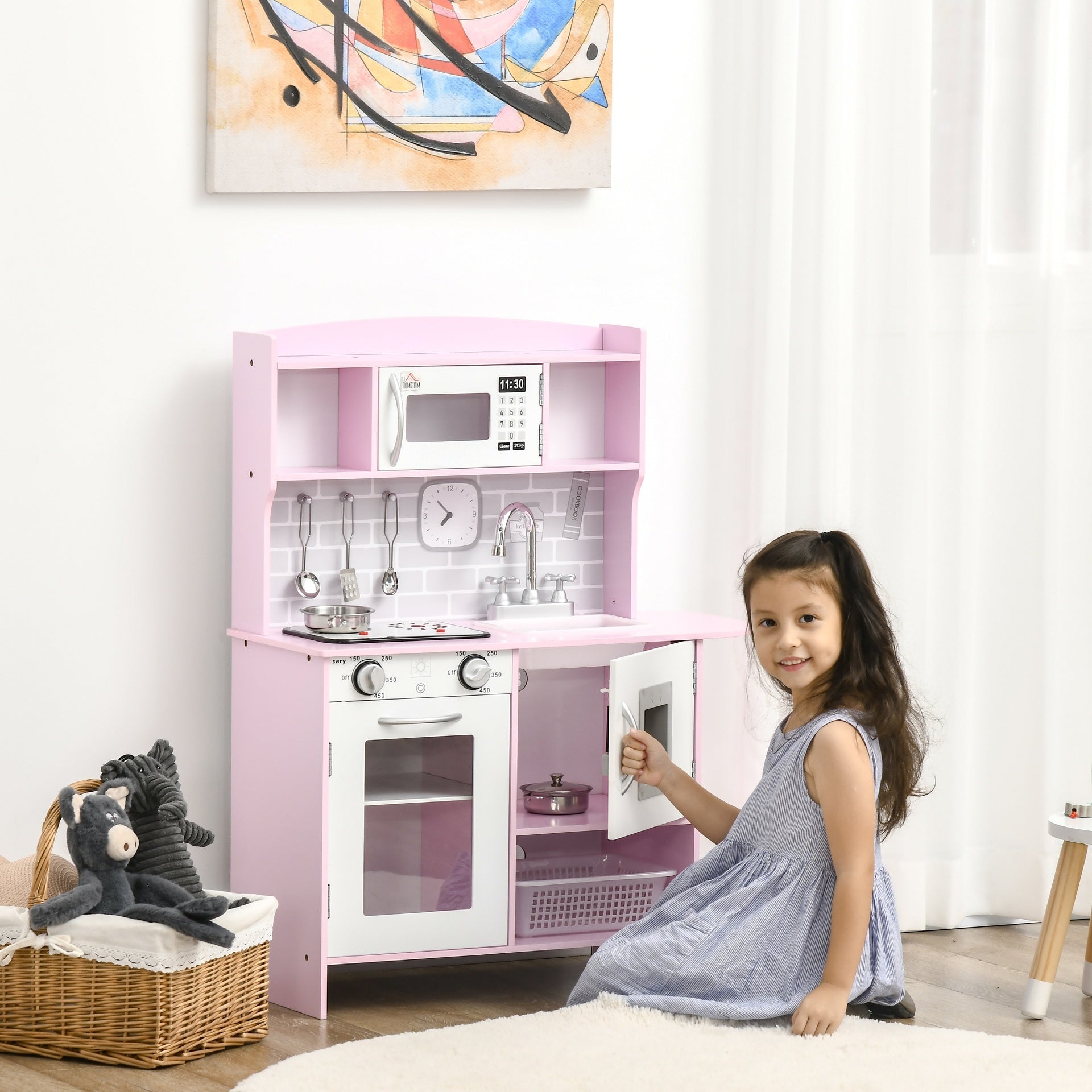 Qaba Pretend Play Kitchen with Sound Effects and Stove Lights, Kids Kitchen Playset with Storage, Water Dispenser Preschool & Kindergarten Gift for 3-6 Years Old, Pink