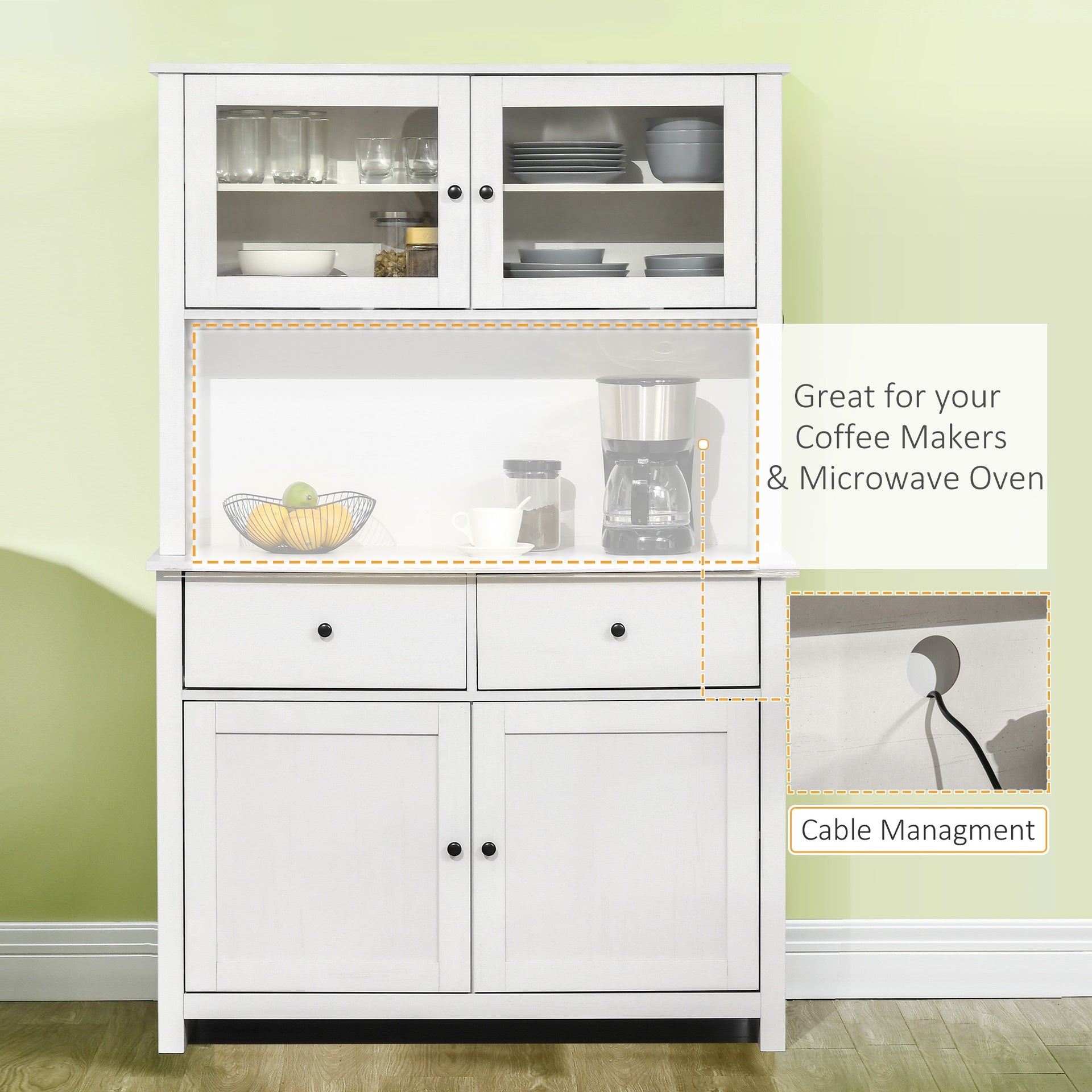HOMCOM 63.5" Kitchen Buffet with Hutch, Pantry Storage Cabinet with 4 Shelves, Drawers, Framed Glass Doors, Open Microwave Countertop, Antique White