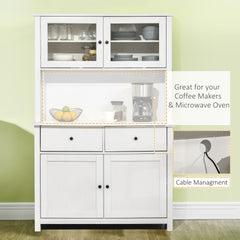 HOMCOM 63.5" Kitchen Buffet with Hutch, Pantry Storage Cabinet with 4 Shelves, Drawers, Framed Glass Doors, Open Microwave Countertop, Antique White