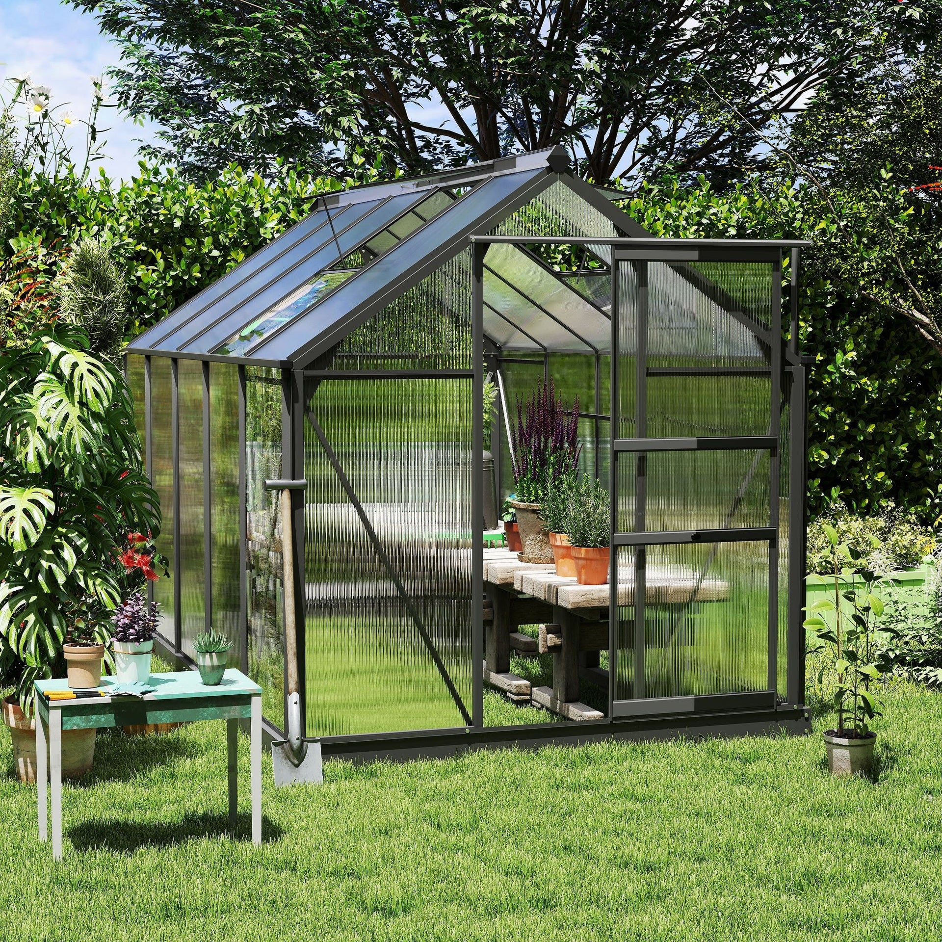 Outsunny 6.2' x 10.3' x 6.6' Outdoor Greenhouse with Walk-in Vent Door for Backyard Garden Gray