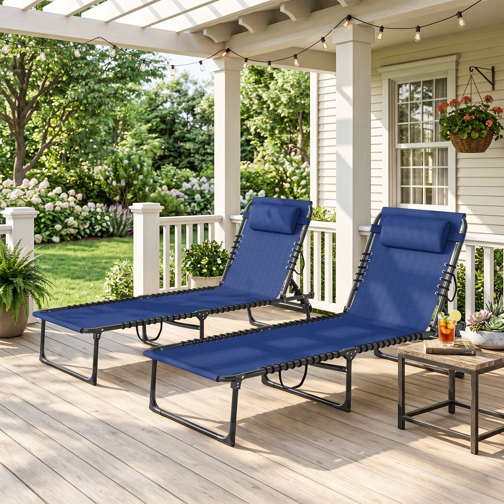 Outsunny 2 Folding Chaise Lounge Pool Chairs with 4-Position Reclining Back, Pillow, Breathable Mesh & Bungee Seat, Blue