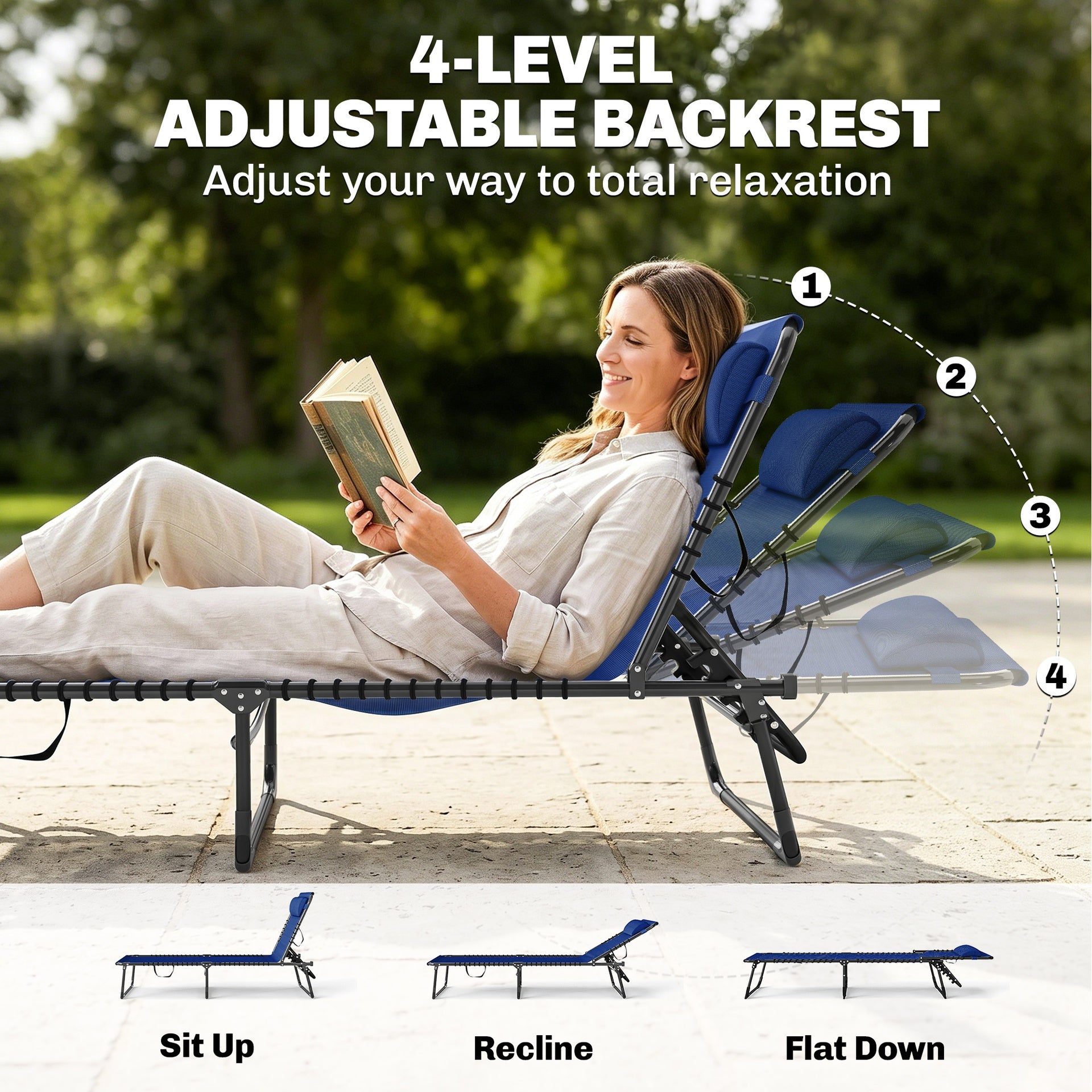 Outsunny 2 Folding Chaise Lounge Pool Chairs with 4-Position Reclining Back, Pillow, Breathable Mesh & Bungee Seat, Blue