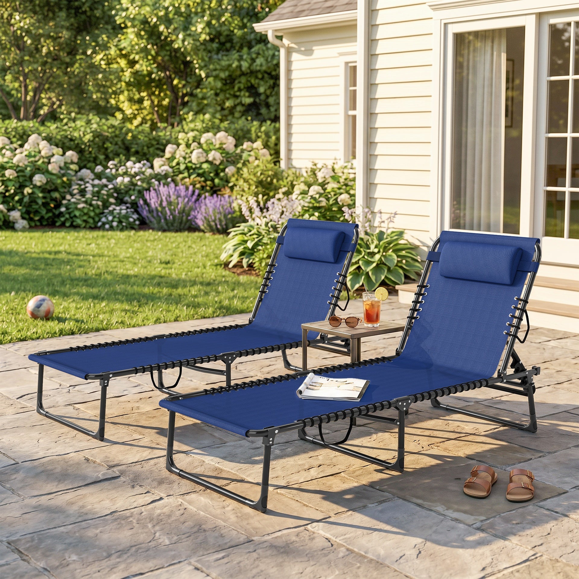 Outsunny 2 Folding Chaise Lounge Pool Chairs with 4-Position Reclining Back, Pillow, Breathable Mesh & Bungee Seat, Blue