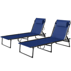 Outsunny 2 Folding Chaise Lounge Pool Chairs with 4-Position Reclining Back, Pillow, Breathable Mesh & Bungee Seat, Blue
