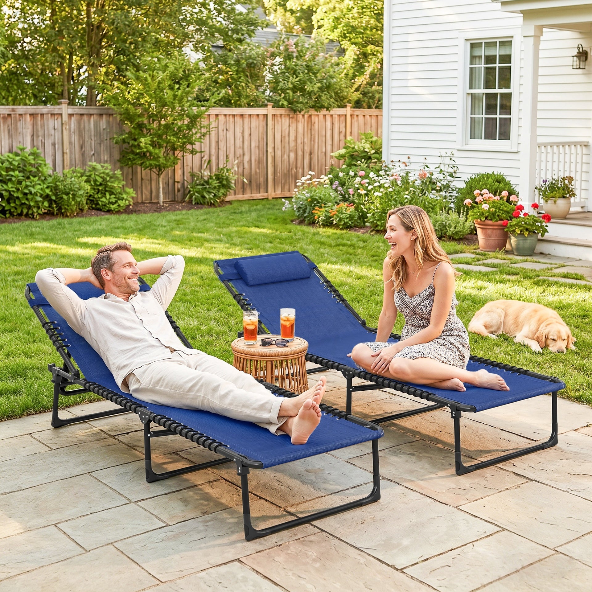 Outsunny 2 Folding Chaise Lounge Pool Chairs with 4-Position Reclining Back, Pillow, Breathable Mesh & Bungee Seat, Blue