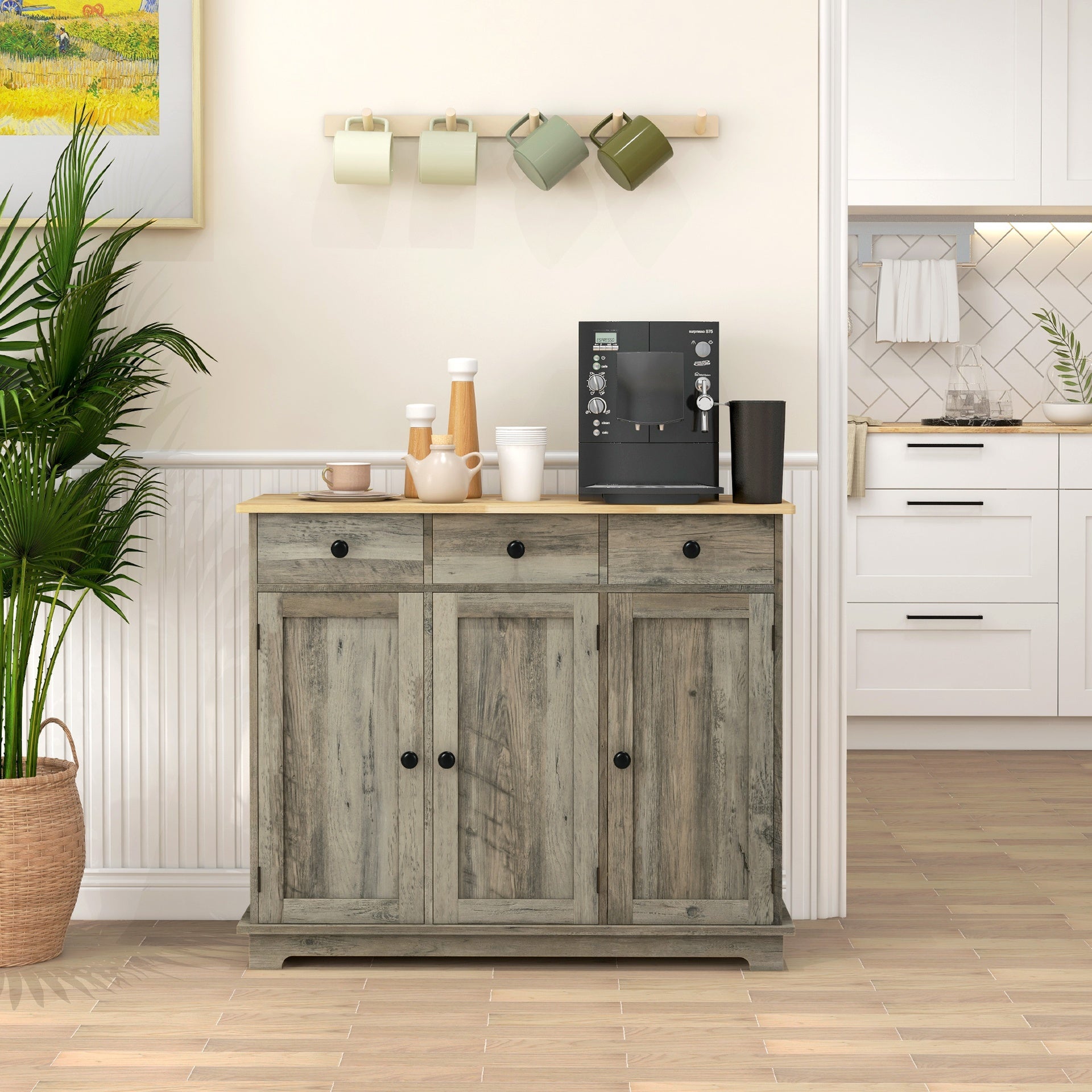 HOMCOM Kitchen Storage Cabinet, Sideboard Floor Cupboard with Solid Wood Top, Adjustable Shelf, and 3 Drawers, Distressed Gray