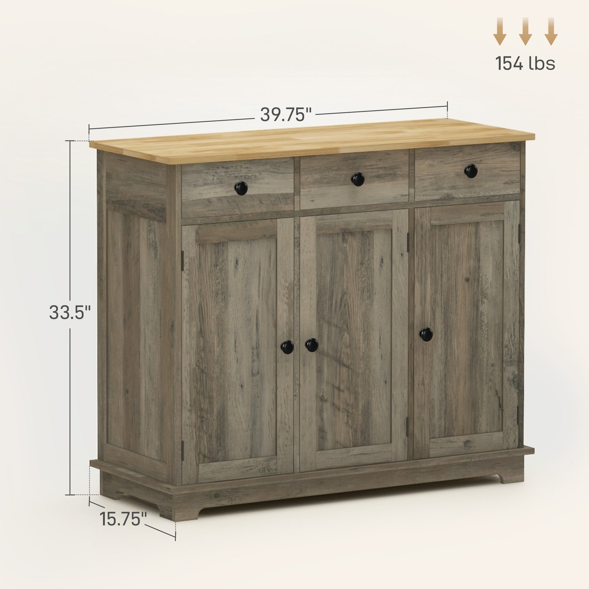HOMCOM Kitchen Storage Cabinet, Sideboard Floor Cupboard with Solid Wood Top, Adjustable Shelf, and 3 Drawers, Distressed Gray