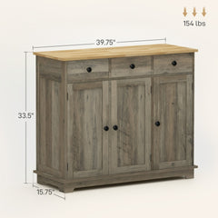 HOMCOM Kitchen Storage Cabinet, Sideboard Floor Cupboard with Solid Wood Top, Adjustable Shelf, and 3 Drawers, Distressed Gray
