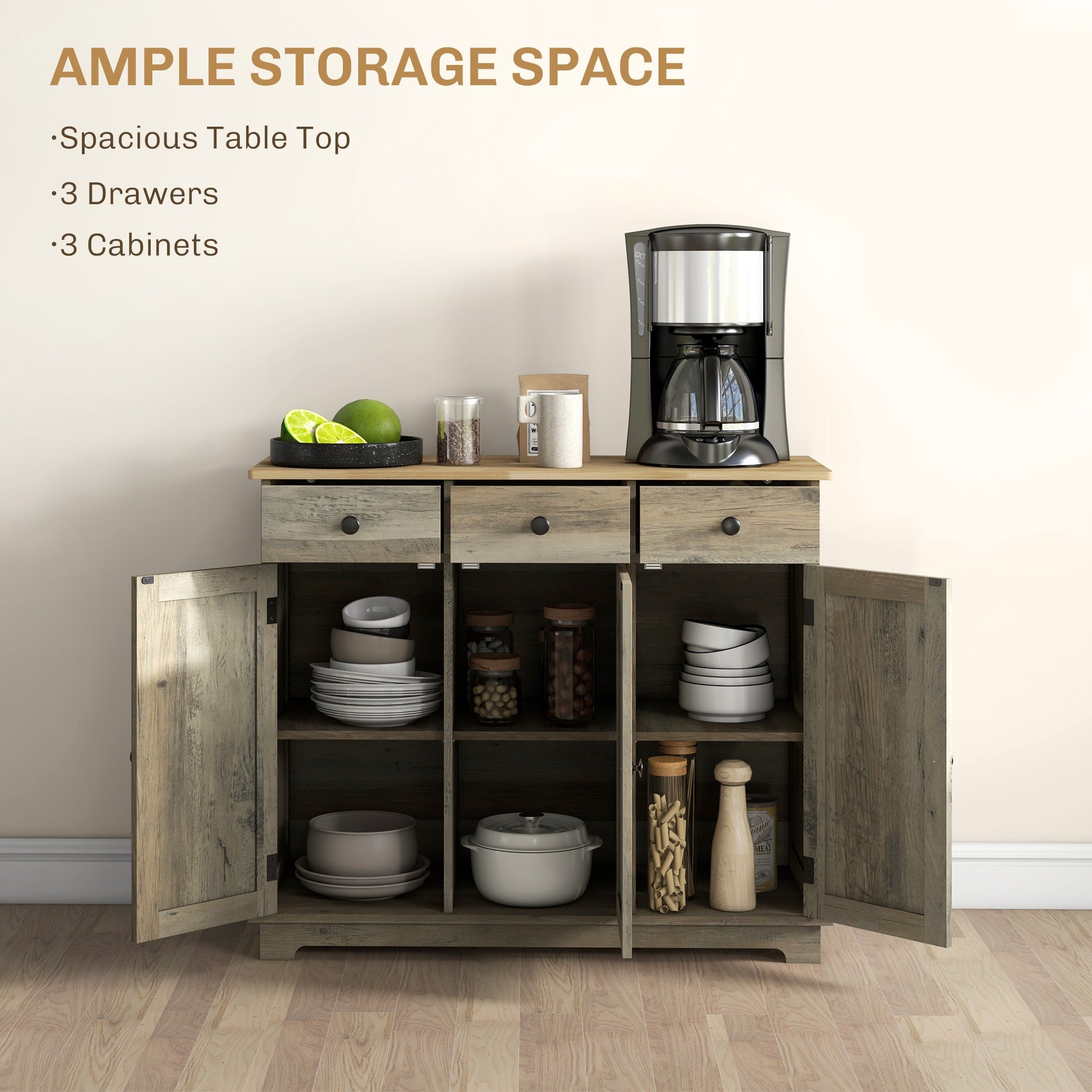 HOMCOM Kitchen Storage Cabinet, Sideboard Floor Cupboard with Solid Wood Top, Adjustable Shelf, and 3 Drawers, Distressed Gray