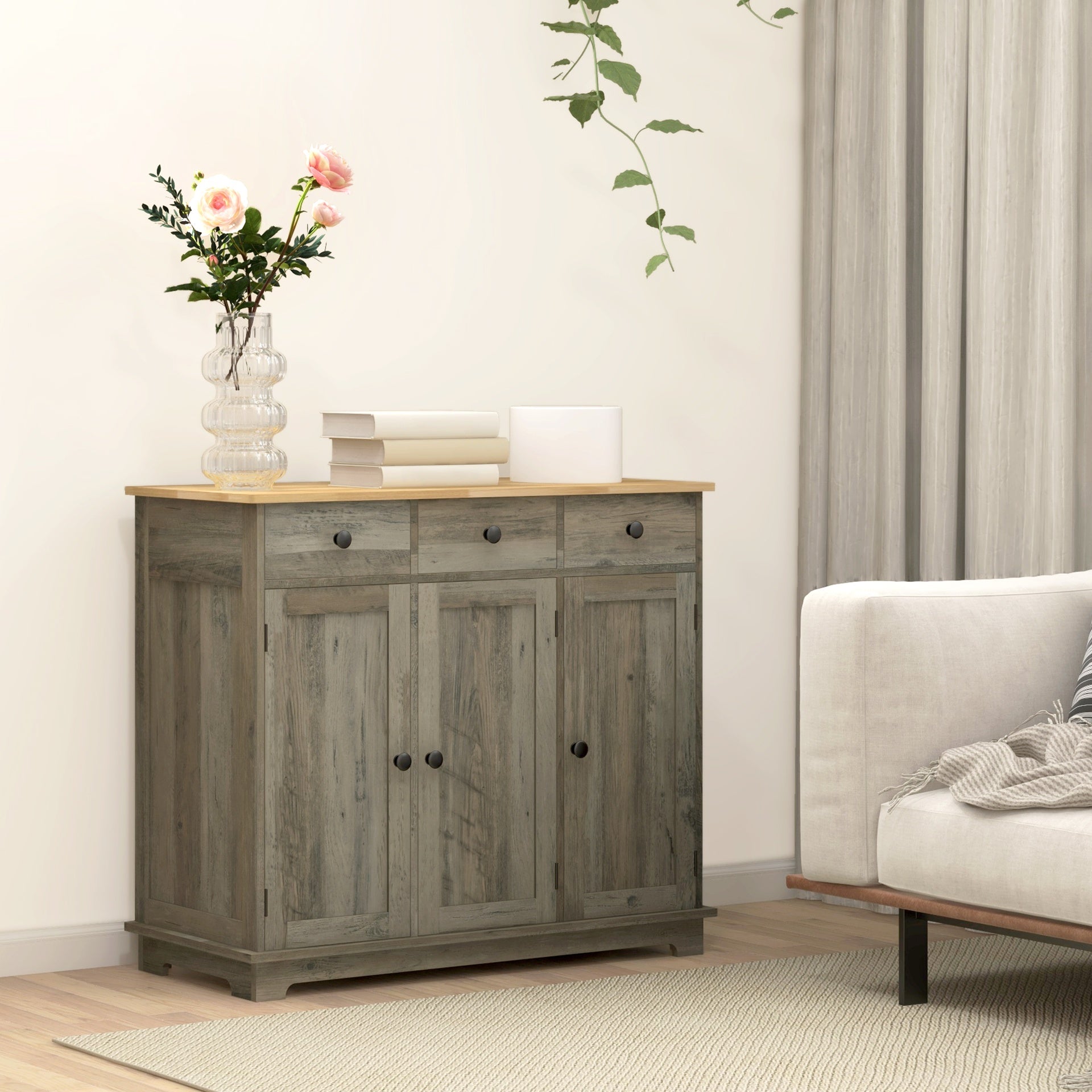 HOMCOM Kitchen Storage Cabinet, Sideboard Floor Cupboard with Solid Wood Top, Adjustable Shelf, and 3 Drawers, Distressed Gray