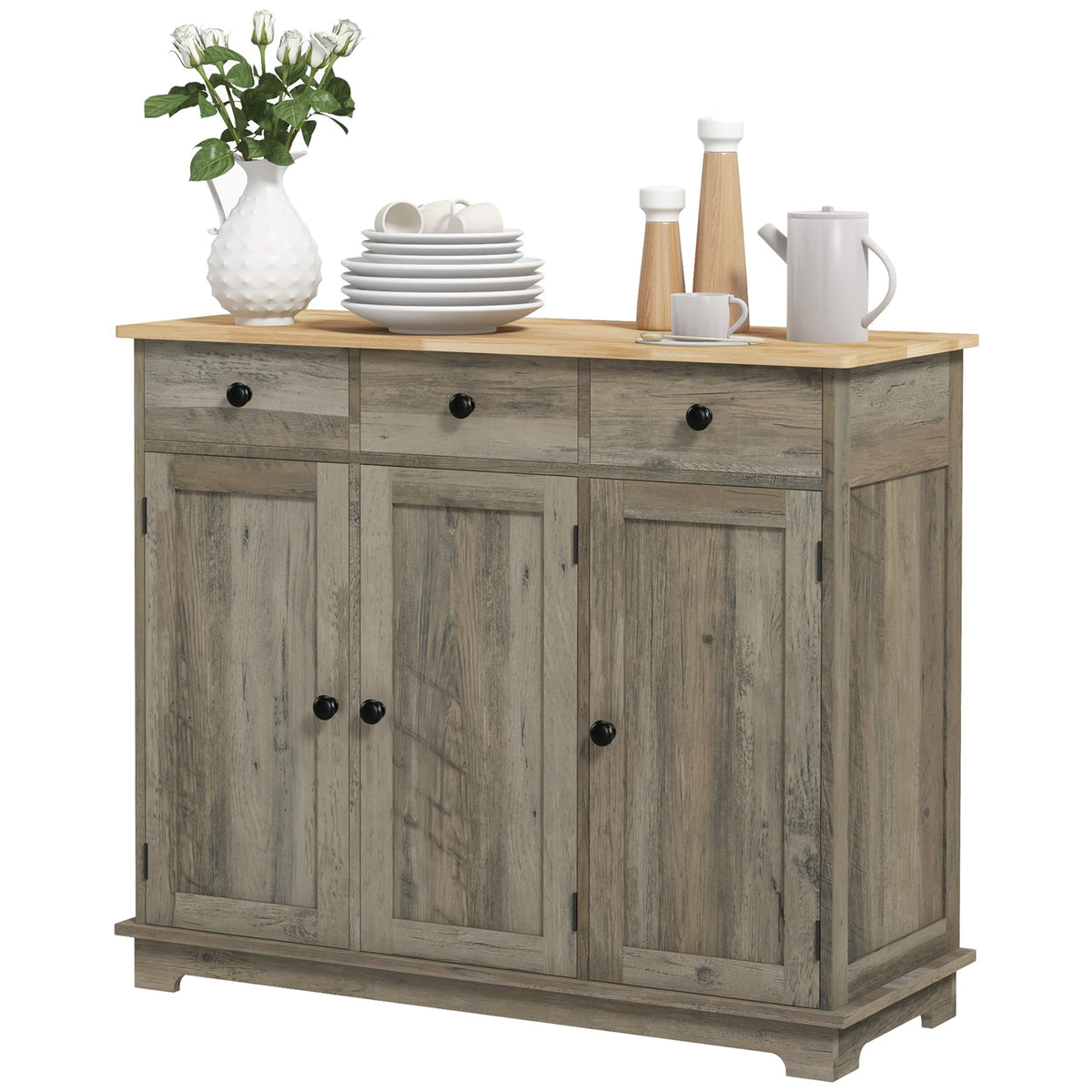 HOMCOM Kitchen Storage Cabinet, Sideboard Floor Cupboard with Solid Wood Top, Adjustable Shelf, and 3 Drawers, Distressed Gray