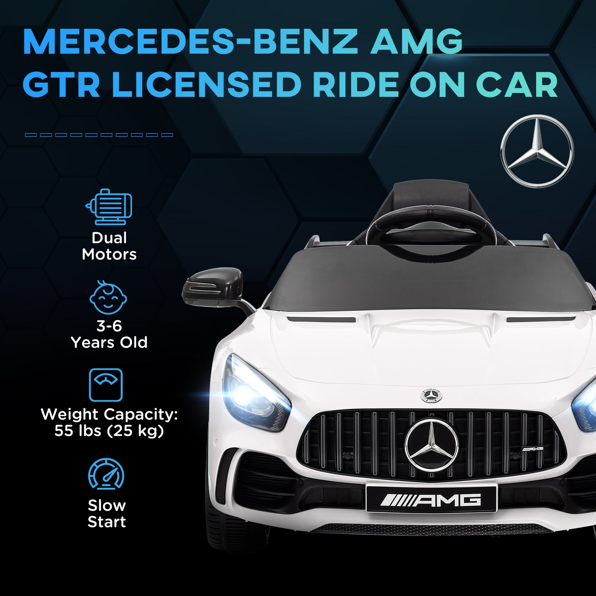 Qaba Mercedes-Benz AMG GTR Licensed 12V Battery Powered Kids Electric Car w/ Remote Control & Soft Start, White