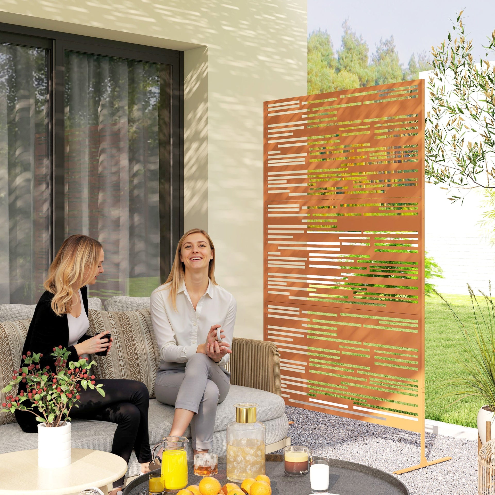 Outsunny 78" H x 48" W Metal Outdoor Privacy Screen, Freestanding Decorative Privacy Fence Screen for Balcony, Brown