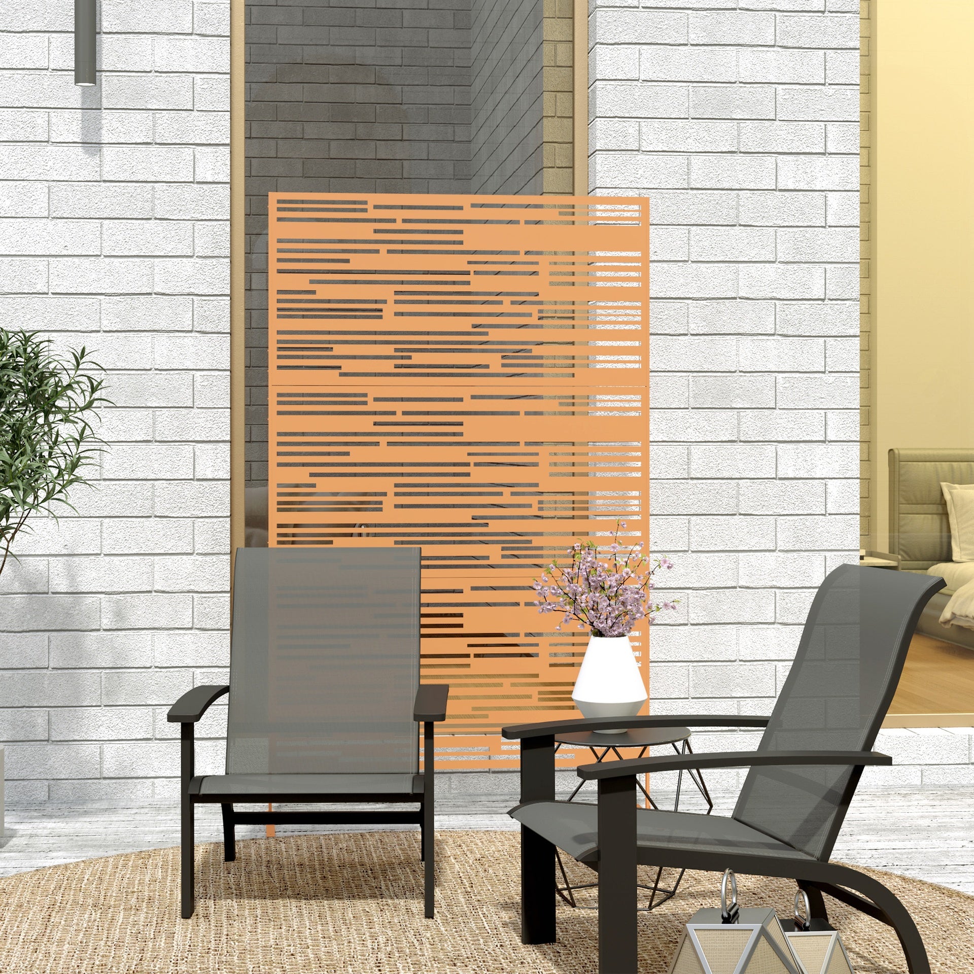 Outsunny 78" H x 48" W Metal Outdoor Privacy Screen, Freestanding Decorative Privacy Fence Screen for Balcony, Brown