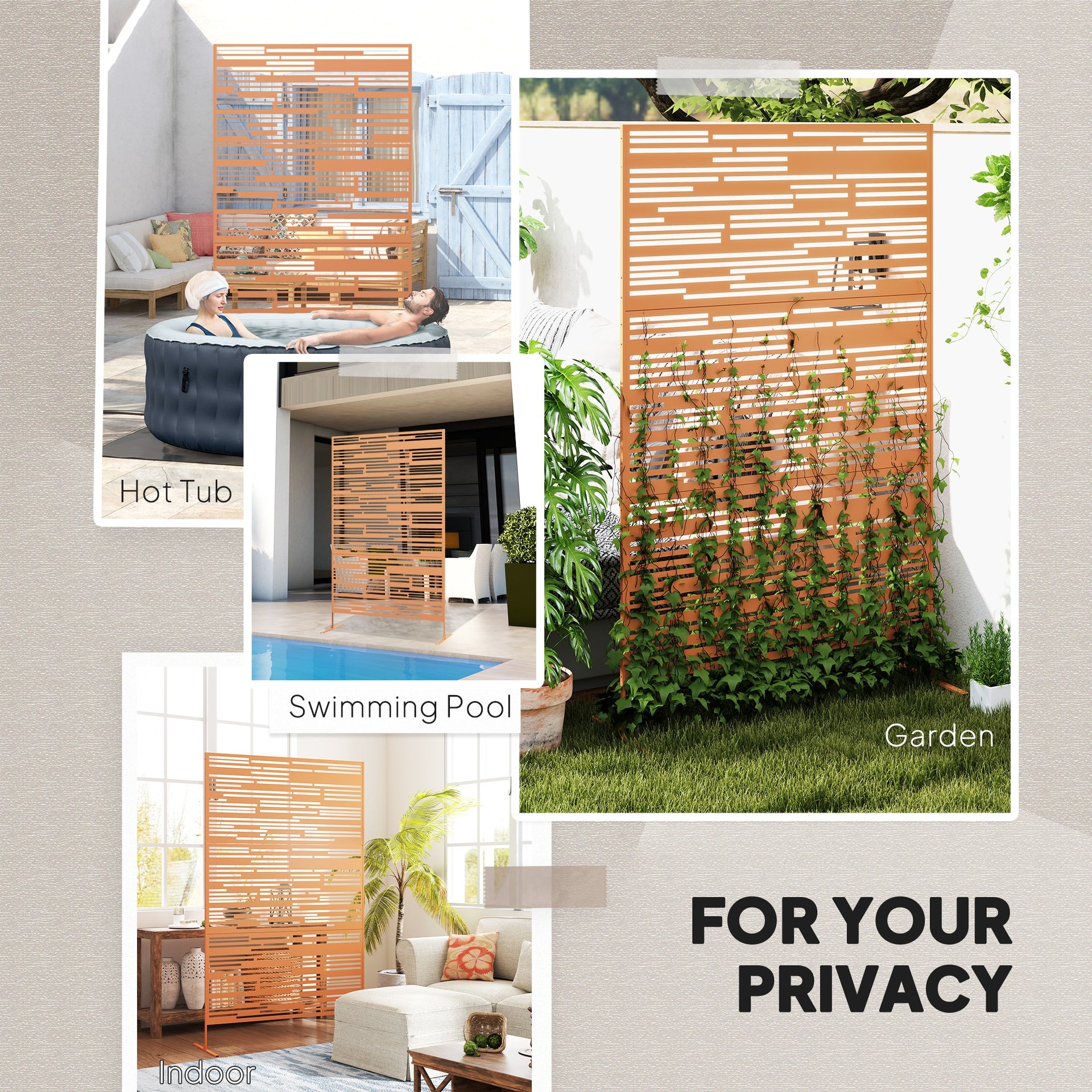 Outsunny 78" H x 48" W Metal Outdoor Privacy Screen, Freestanding Decorative Privacy Fence Screen for Balcony, Brown