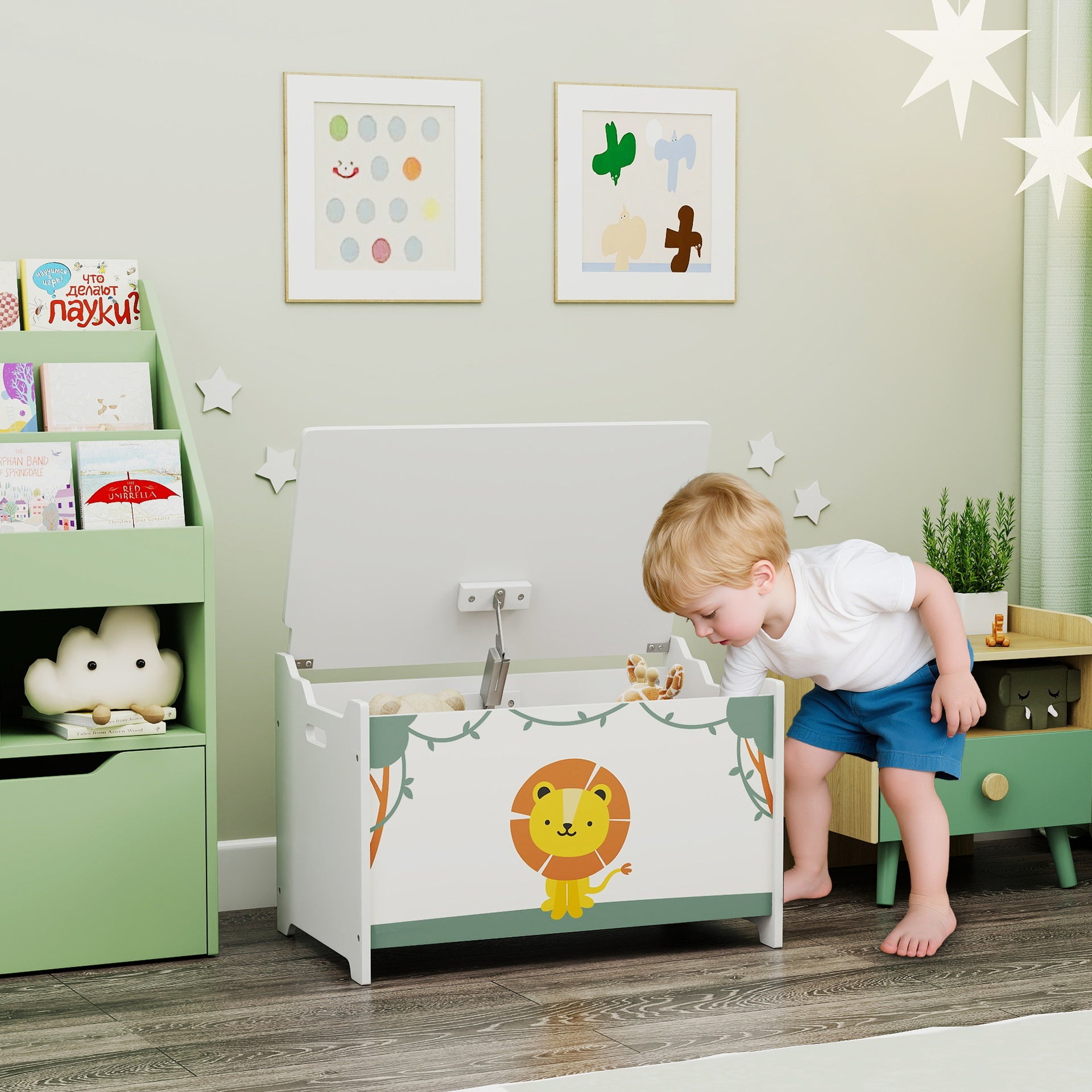 Qaba Toy Box with Lid, Safety Hinges and Groove Handles, Toy Storage Organizer for Kids, Living Room, Playroom, Green