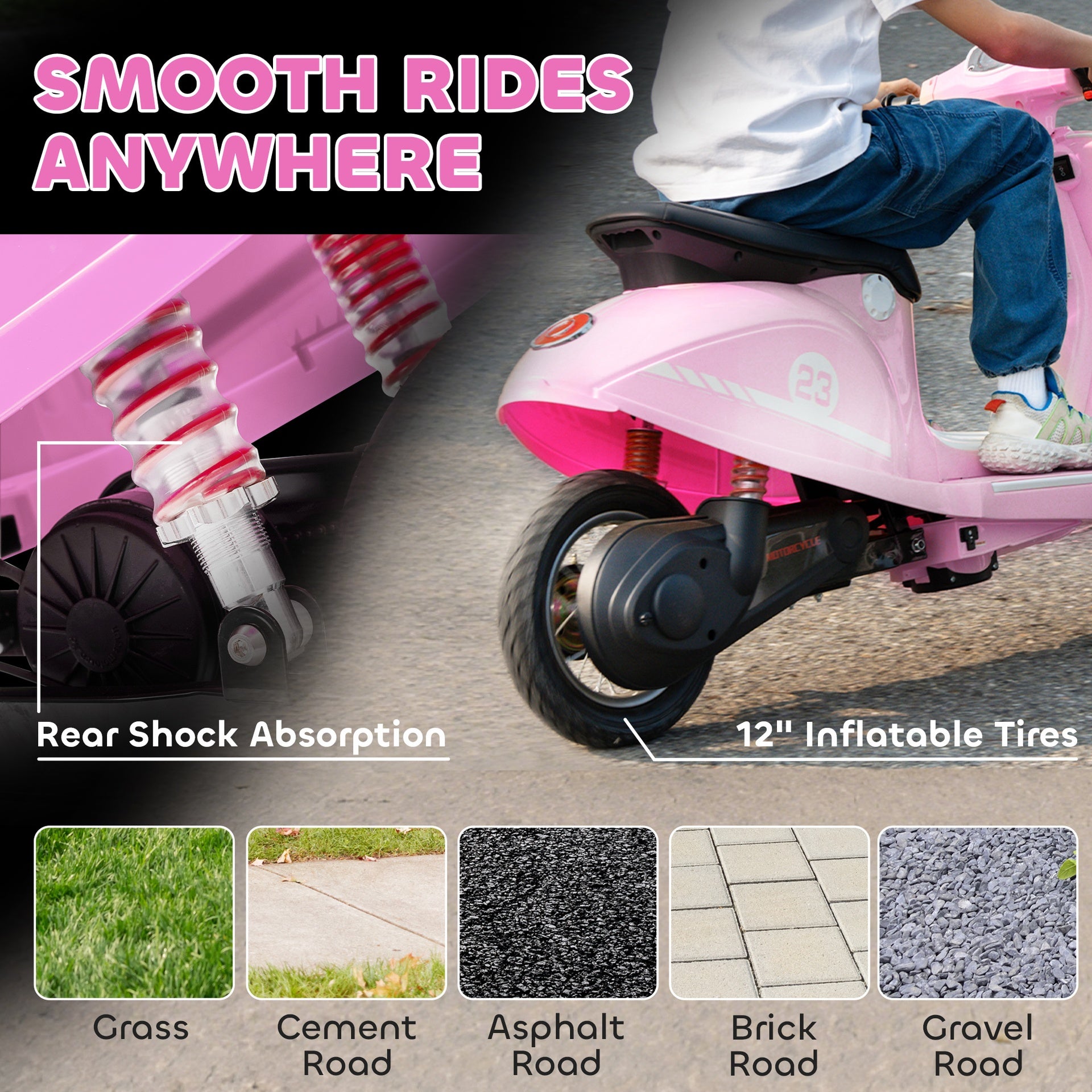 Qaba 24V Kids Motorcycle with 3-Speed, Electric Motorcycle with Rear Suspension and LED Lights for 8-12 Years Old, Pink