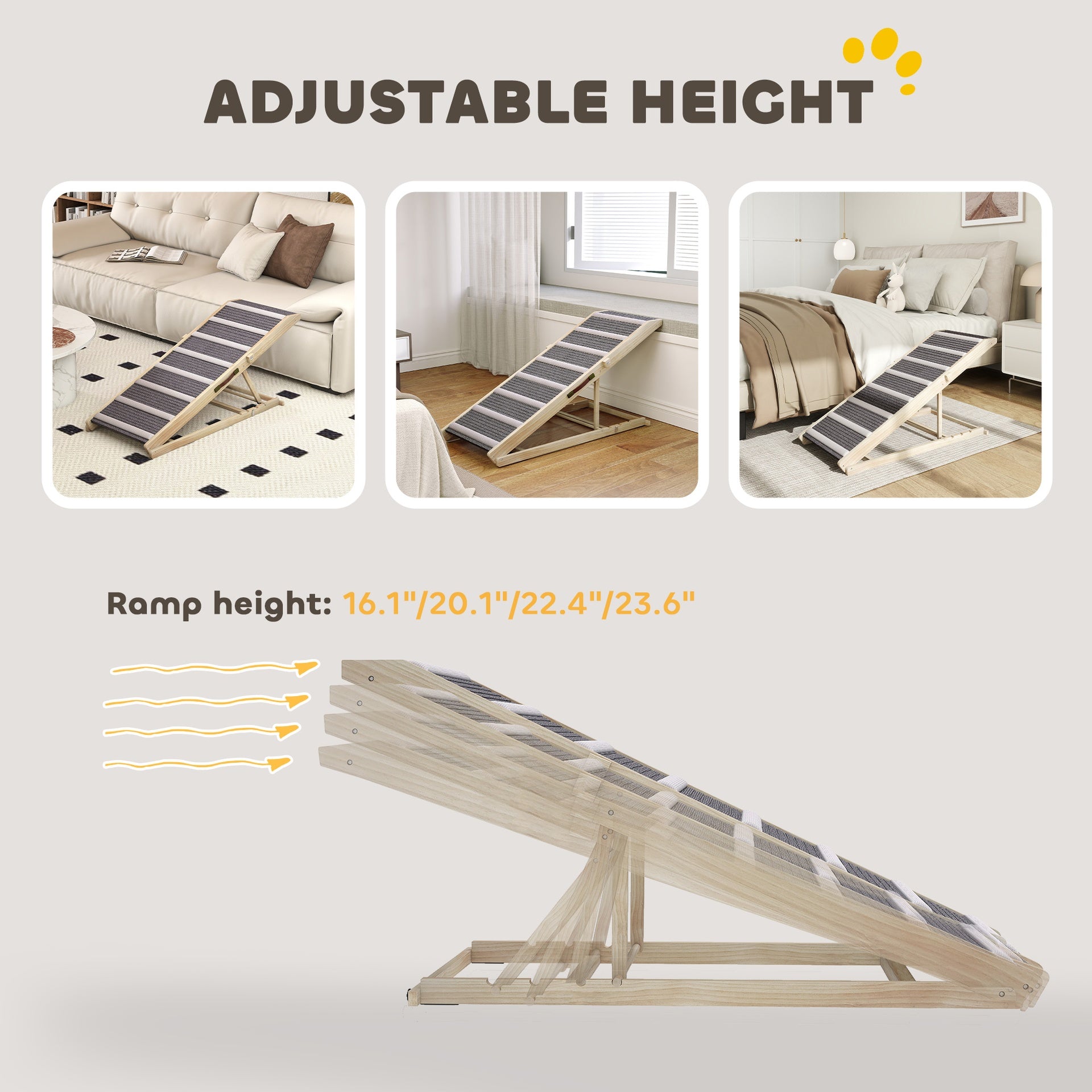 PawHut Dog Ramp for Couch, Foldable Pet Ramp for Small to Large Dog, 4 Adjustable Height from 16" to 23.5"