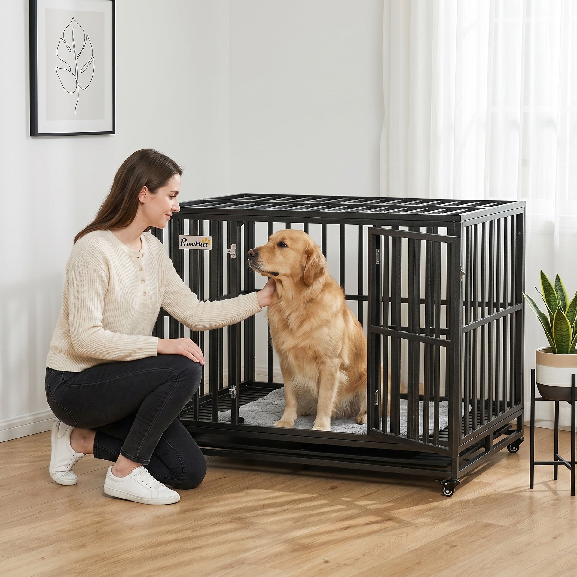 PawHut 45" Heavy Duty Dog Crate, Escape-Proof Steel Kennel with Wheels, Black