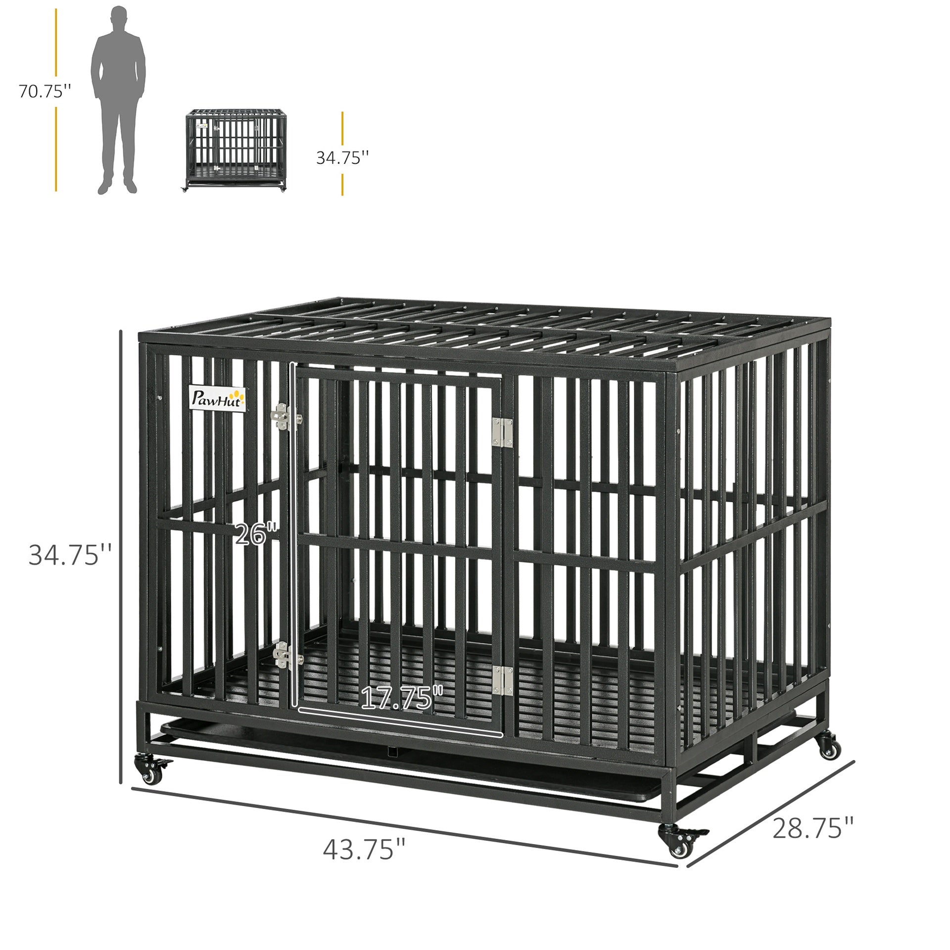 PawHut 45" Heavy Duty Dog Crate, Escape-Proof Steel Kennel with Wheels, Black