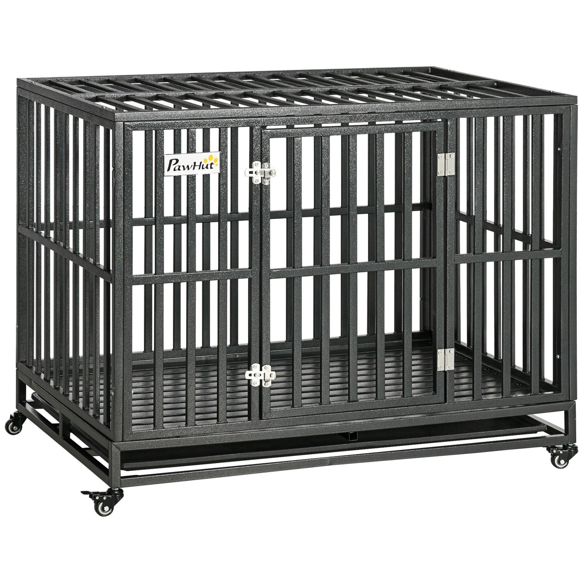 PawHut 45" Heavy Duty Dog Crate, Escape-Proof Steel Kennel with Wheels, Black