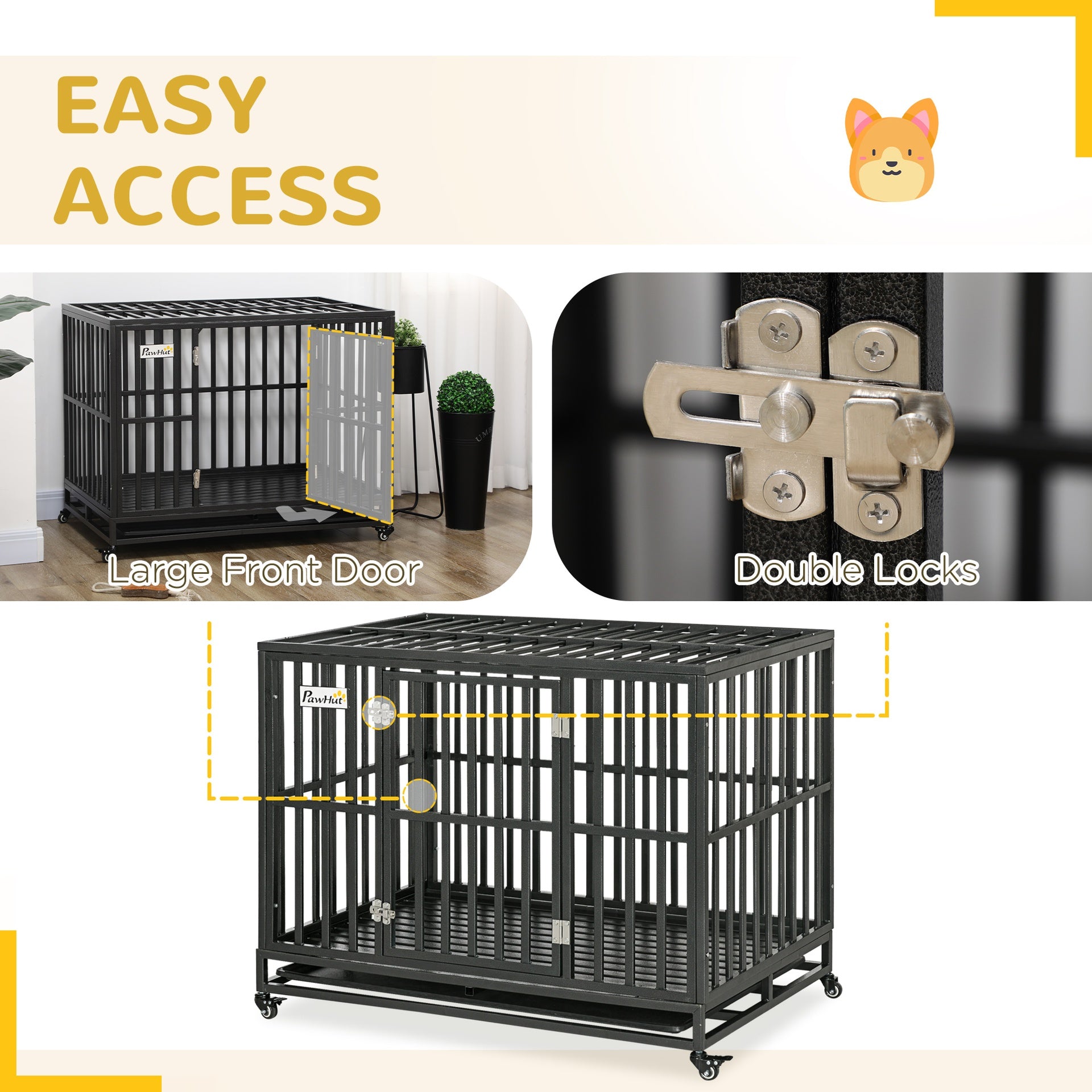 PawHut 45" Heavy Duty Dog Crate, Escape-Proof Steel Kennel with Wheels, Black