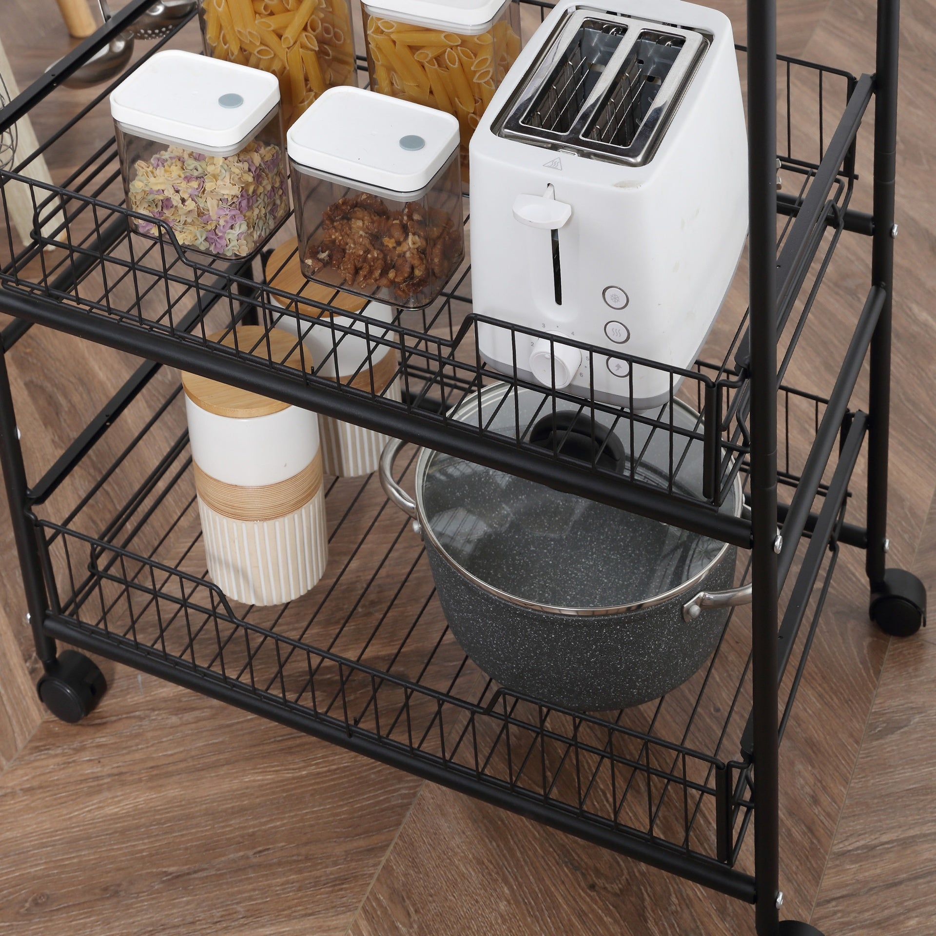 HOMCOM 3 Tier Rolling Kitchen Cart with Storage, Kitchen Island Cart on Wheels with 2 Sliding Fruit Basket, Microwave Cart with Side Hooks for Dining Room, Walnut
