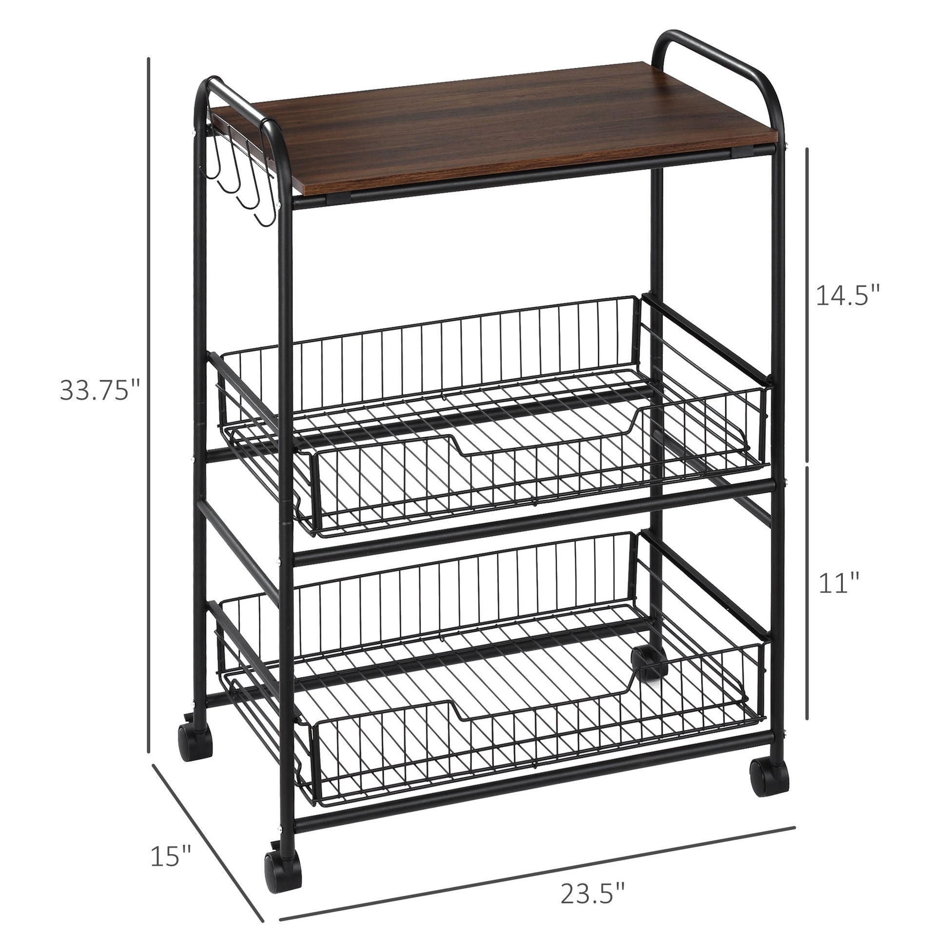 HOMCOM 3 Tier Rolling Kitchen Cart with Storage, Kitchen Island Cart on Wheels with 2 Sliding Fruit Basket, Microwave Cart with Side Hooks for Dining Room, Walnut