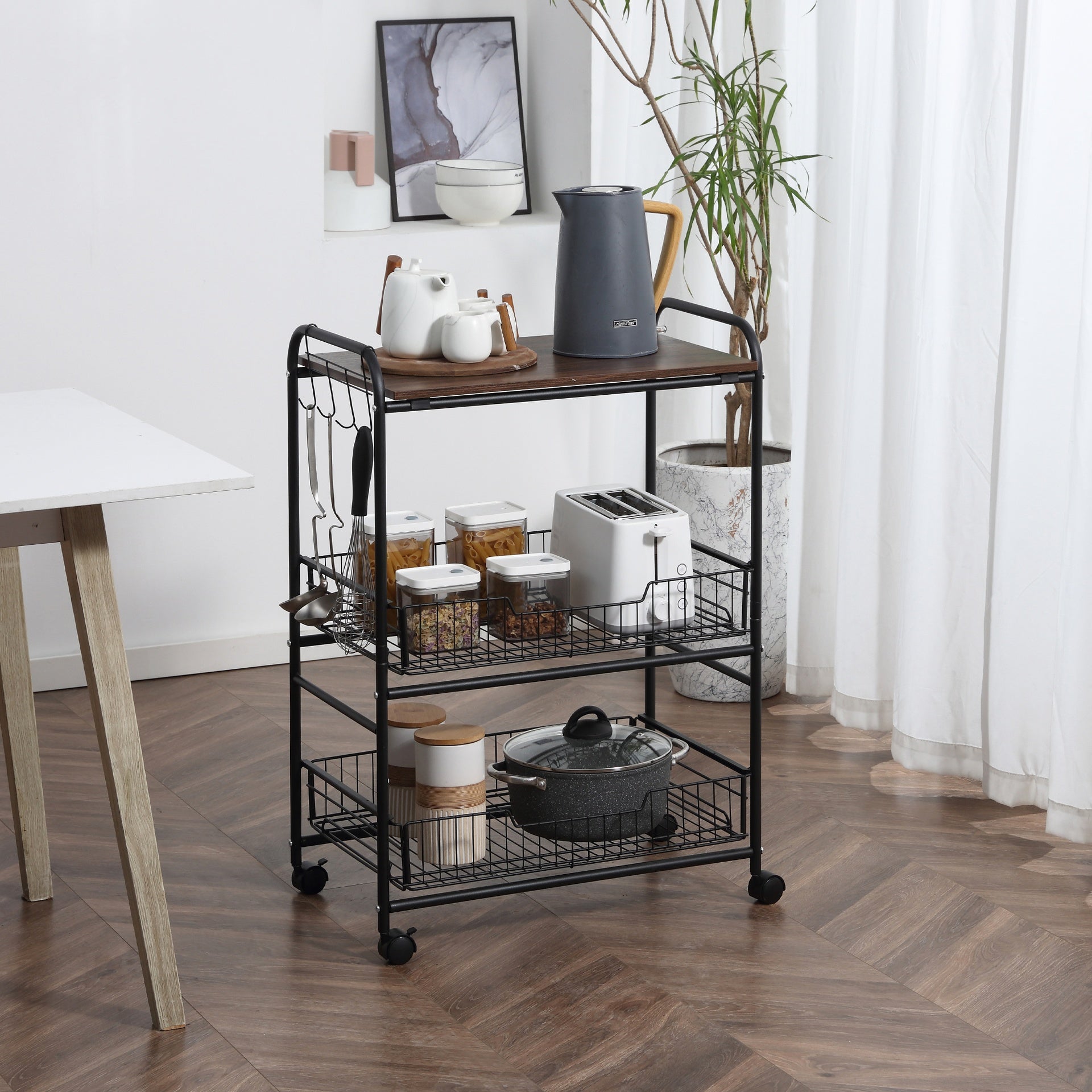 HOMCOM 3 Tier Rolling Kitchen Cart with Storage, Kitchen Island Cart on Wheels with 2 Sliding Fruit Basket, Microwave Cart with Side Hooks for Dining Room, Walnut
