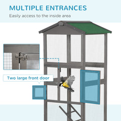 PawHut 65" Wooden Bird Cage Outdoor Aviary House for Parrot, Parakeet, with Pull Out Tray and 2 Doors, Grey