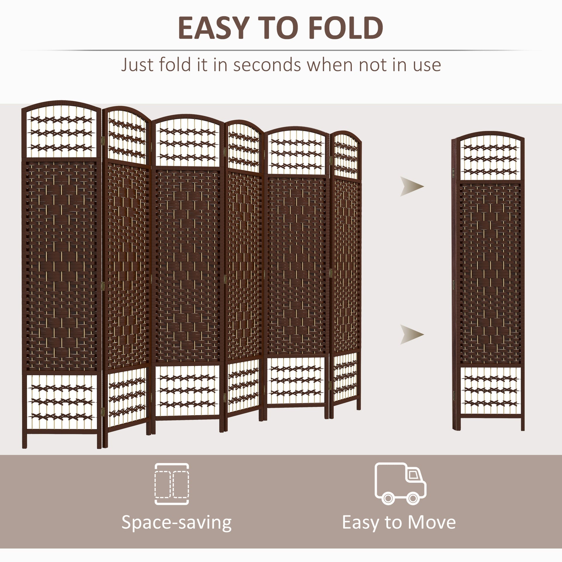 HOMCOM 6 Panel Folding Room Divider Portable Privacy Screen Wave Fiber Room Partition for Home Office Brown