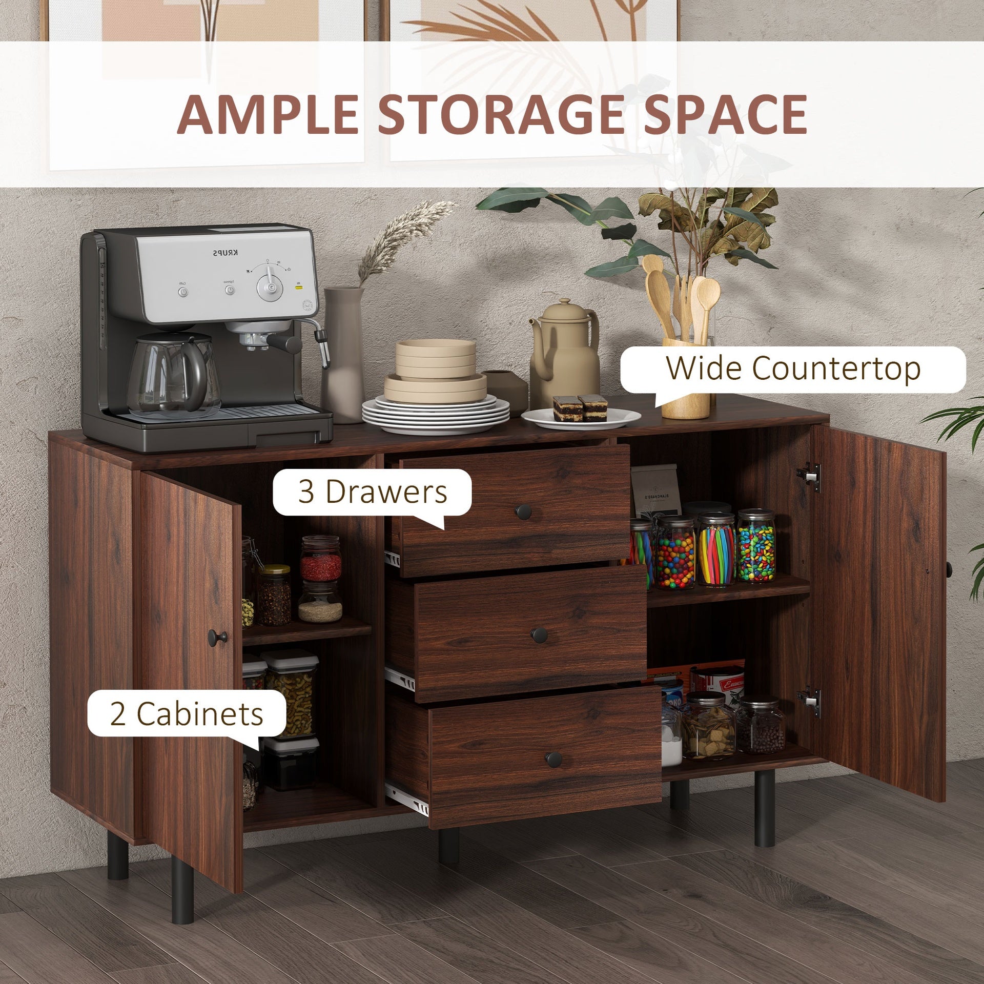 HOMCOM Retro Sideboard with 2 Cabinets 3 Drawers, Buffet Table, Rustic Brown