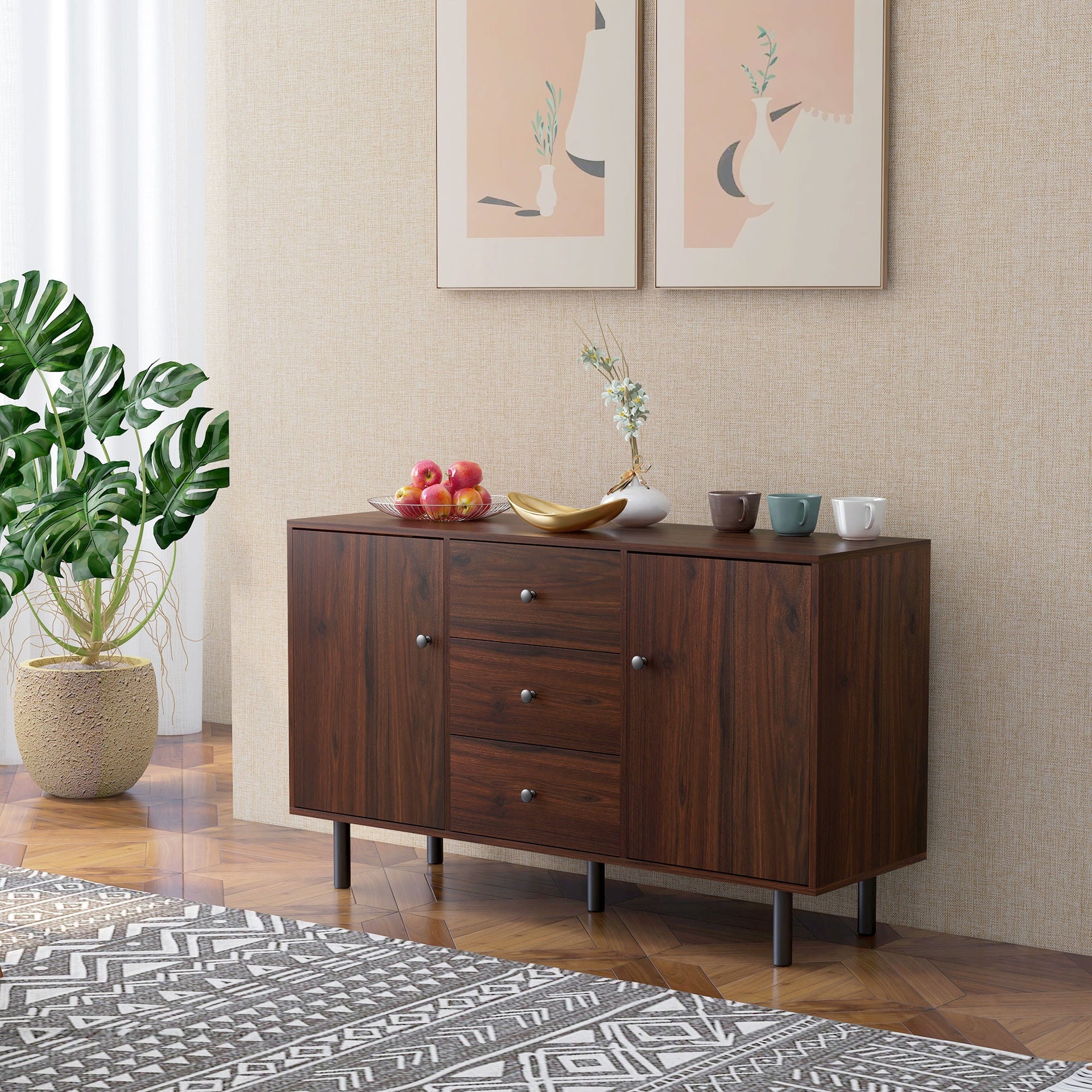 HOMCOM Retro Sideboard with 2 Cabinets 3 Drawers, Buffet Table, Rustic Brown