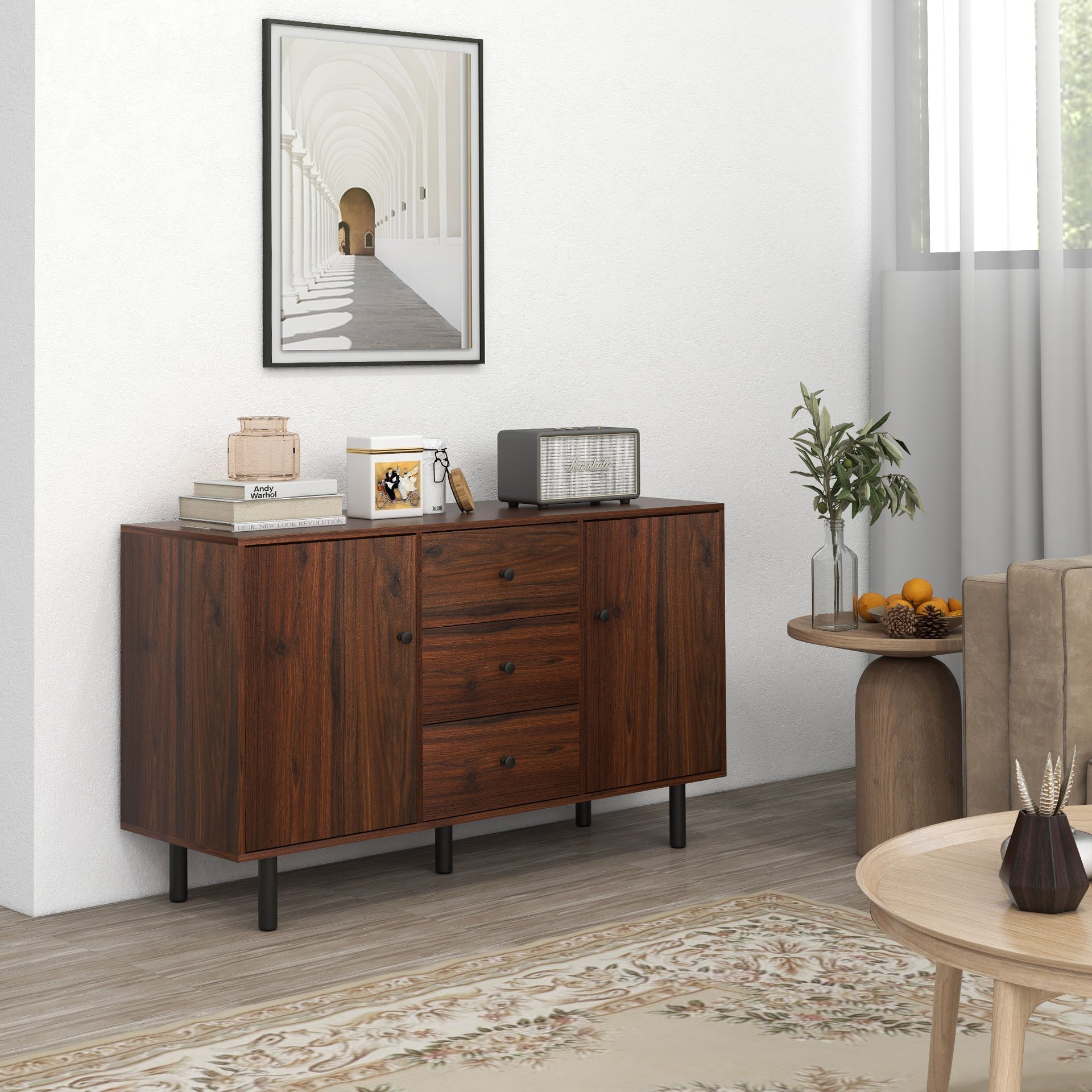 HOMCOM Retro Sideboard with 2 Cabinets 3 Drawers, Buffet Table, Rustic Brown