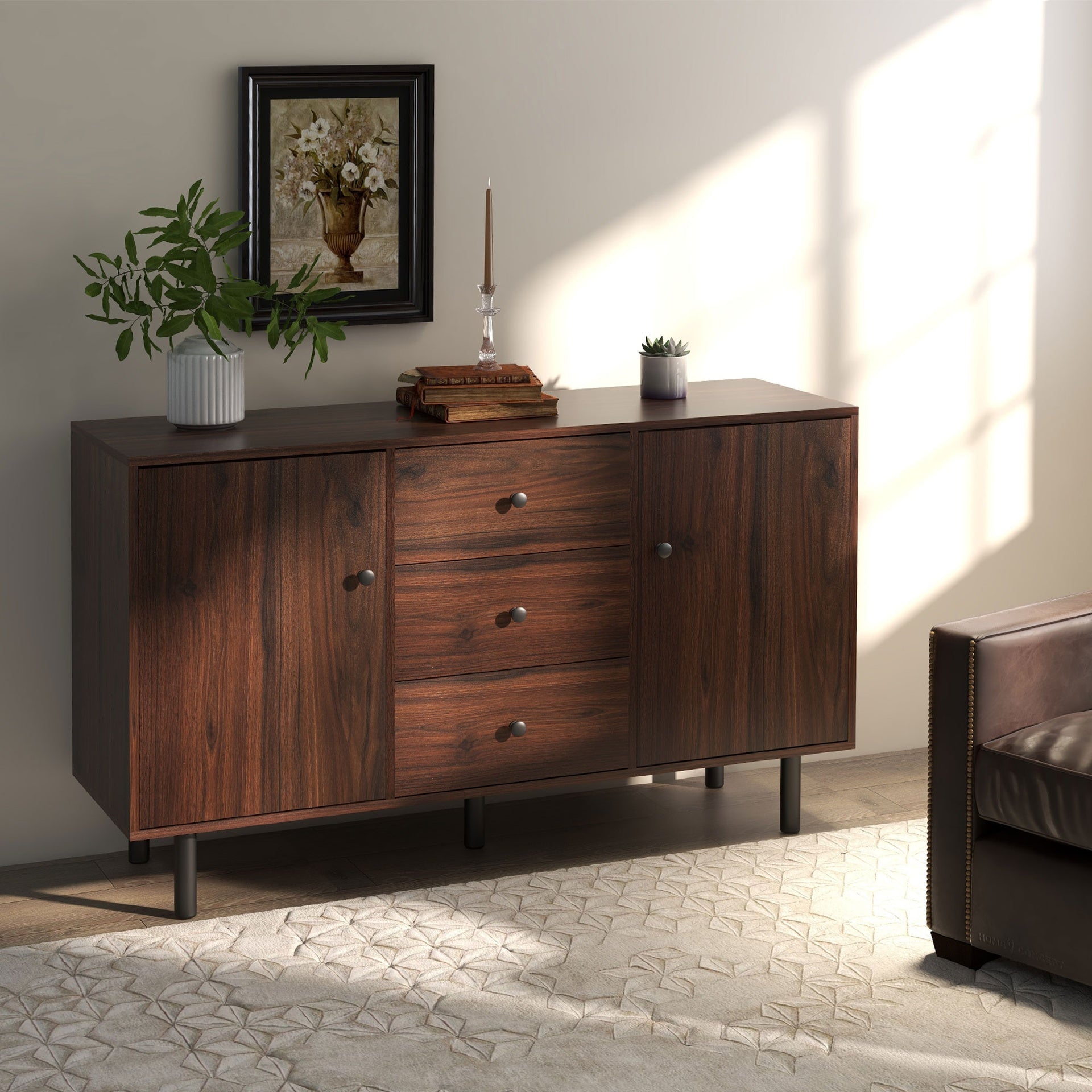 HOMCOM Retro Sideboard with 2 Cabinets 3 Drawers, Buffet Table, Rustic Brown