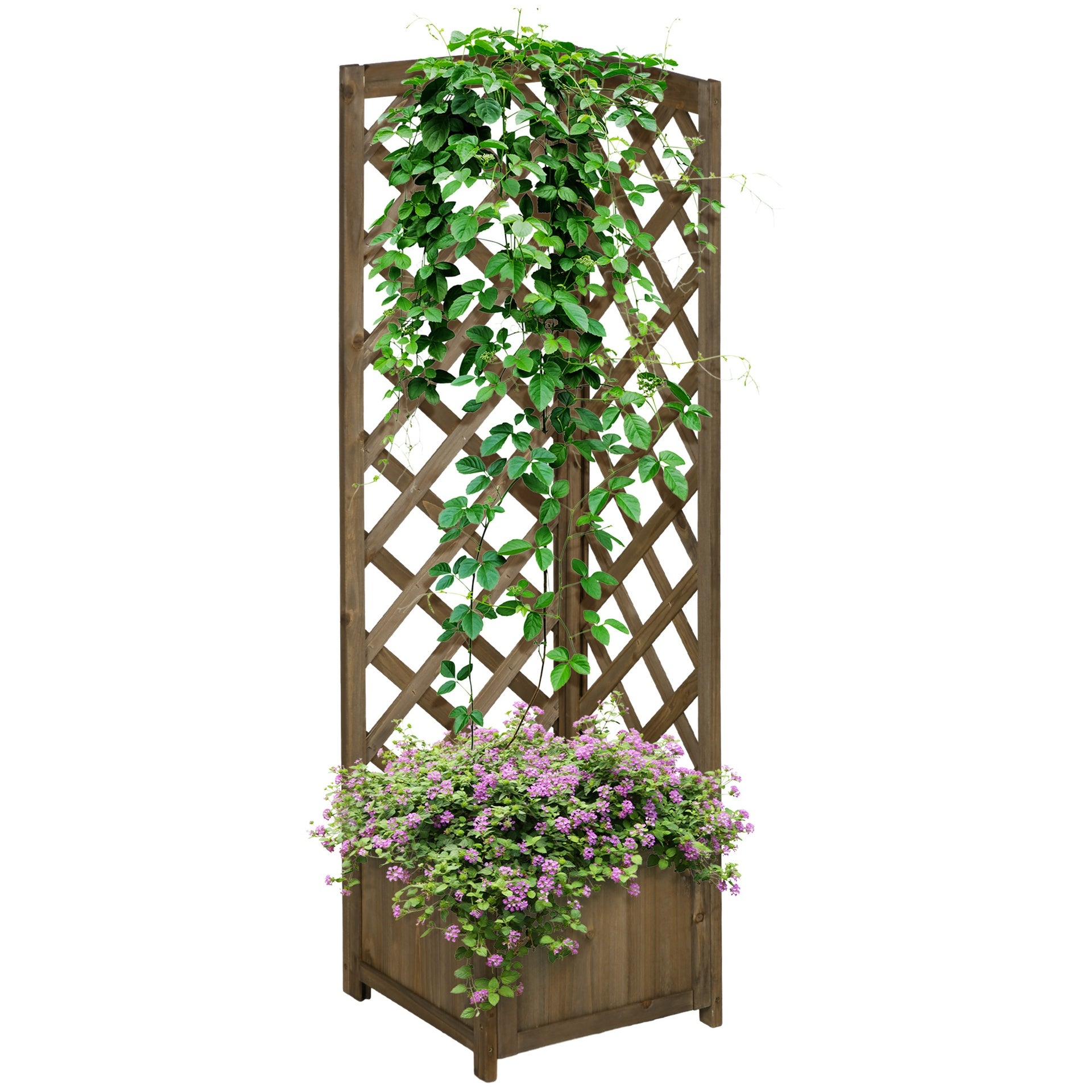 Outsunny Wooden Raised Garden Bed, Planter with Trellis for Vine Climbing and Vegetables, Herbs and Flowers Growing, Carbonized