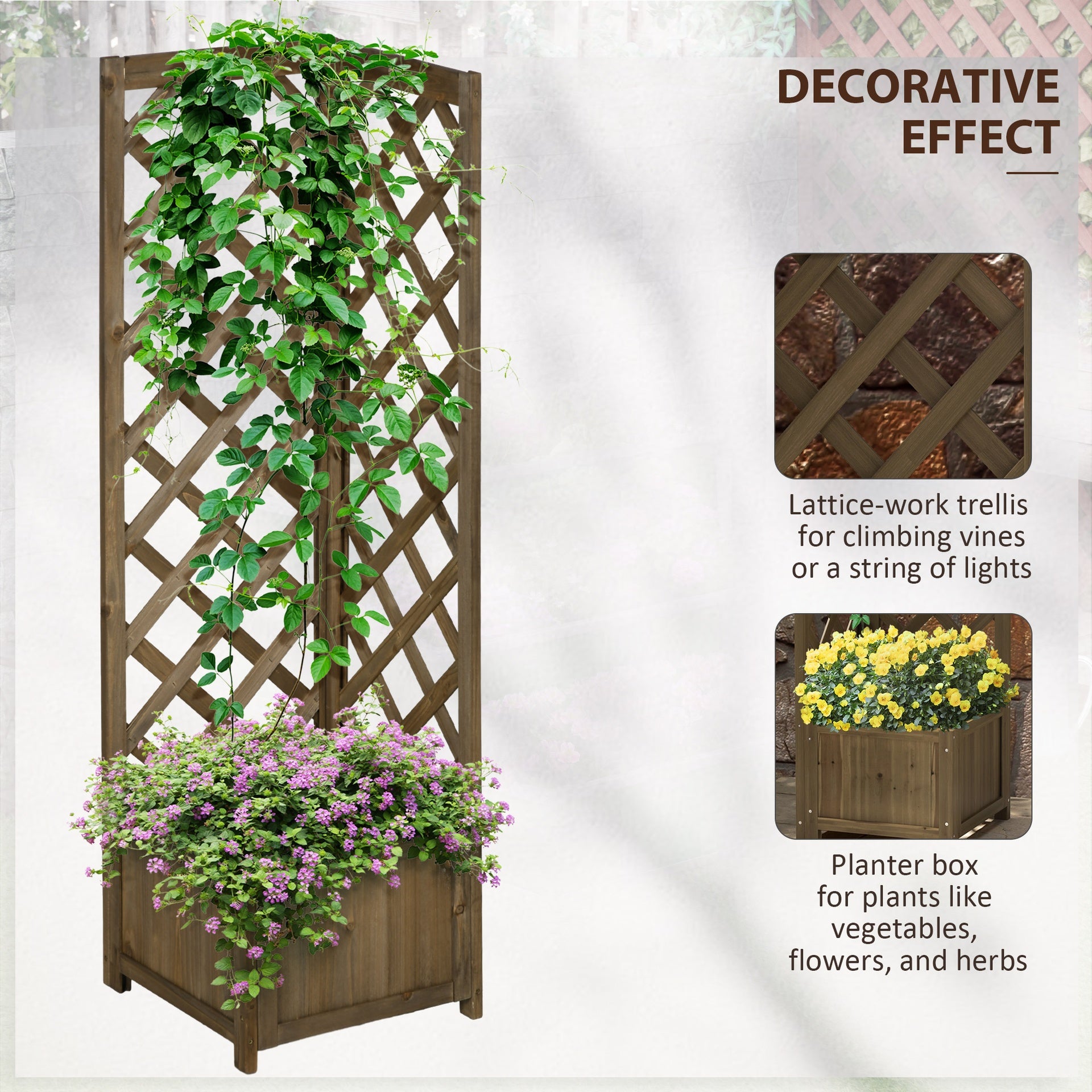 Outsunny Wooden Raised Garden Bed, Planter with Trellis for Vine Climbing and Vegetables, Herbs and Flowers Growing, Carbonized