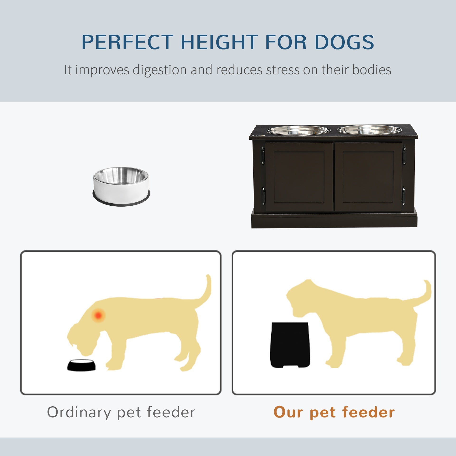 PawHut Elevated Dog Bowls with Storage, Two Stainless Steel Bowls for Large Dogs, Coffee