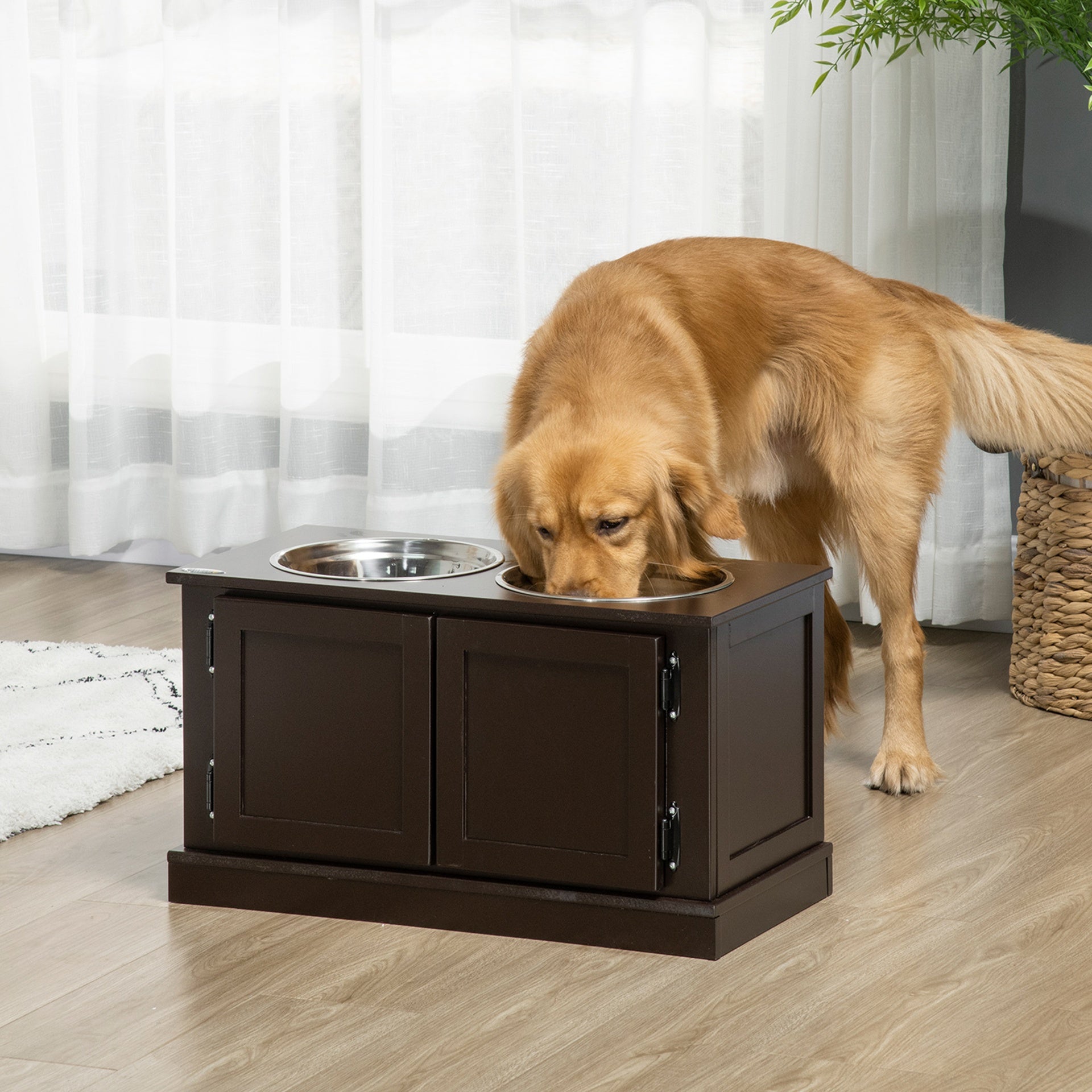 PawHut Elevated Dog Bowls with Storage, Two Stainless Steel Bowls for Large Dogs, Coffee