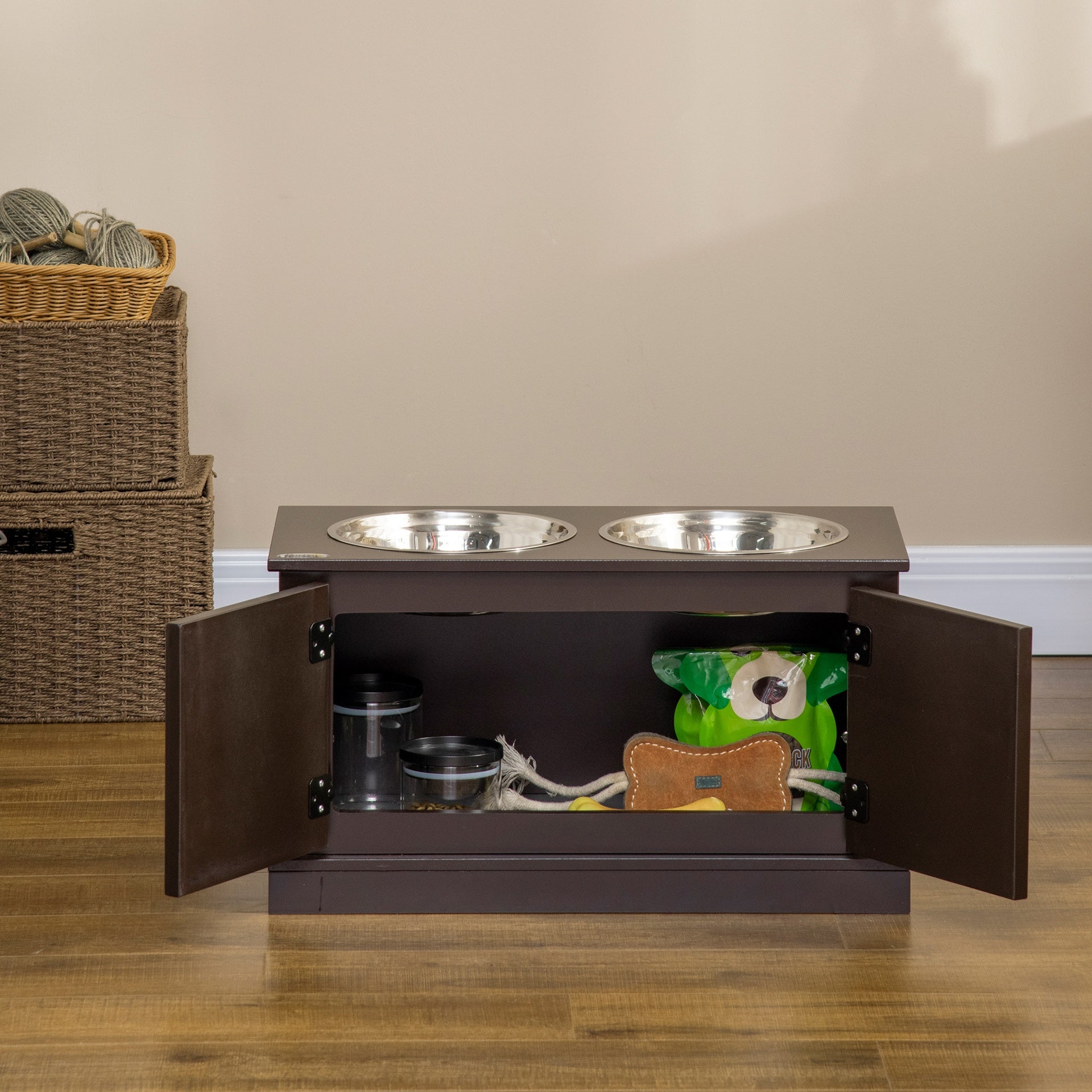 PawHut Elevated Dog Bowls with Storage, Two Stainless Steel Bowls for Large Dogs, Coffee
