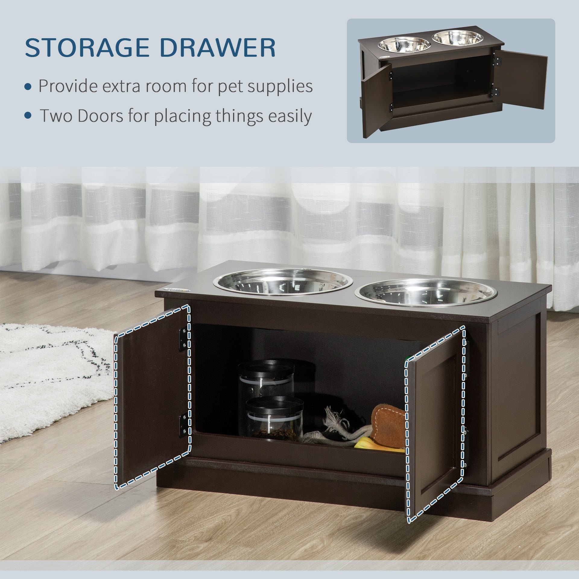 PawHut Elevated Dog Bowls with Storage, Two Stainless Steel Bowls for Large Dogs, Coffee