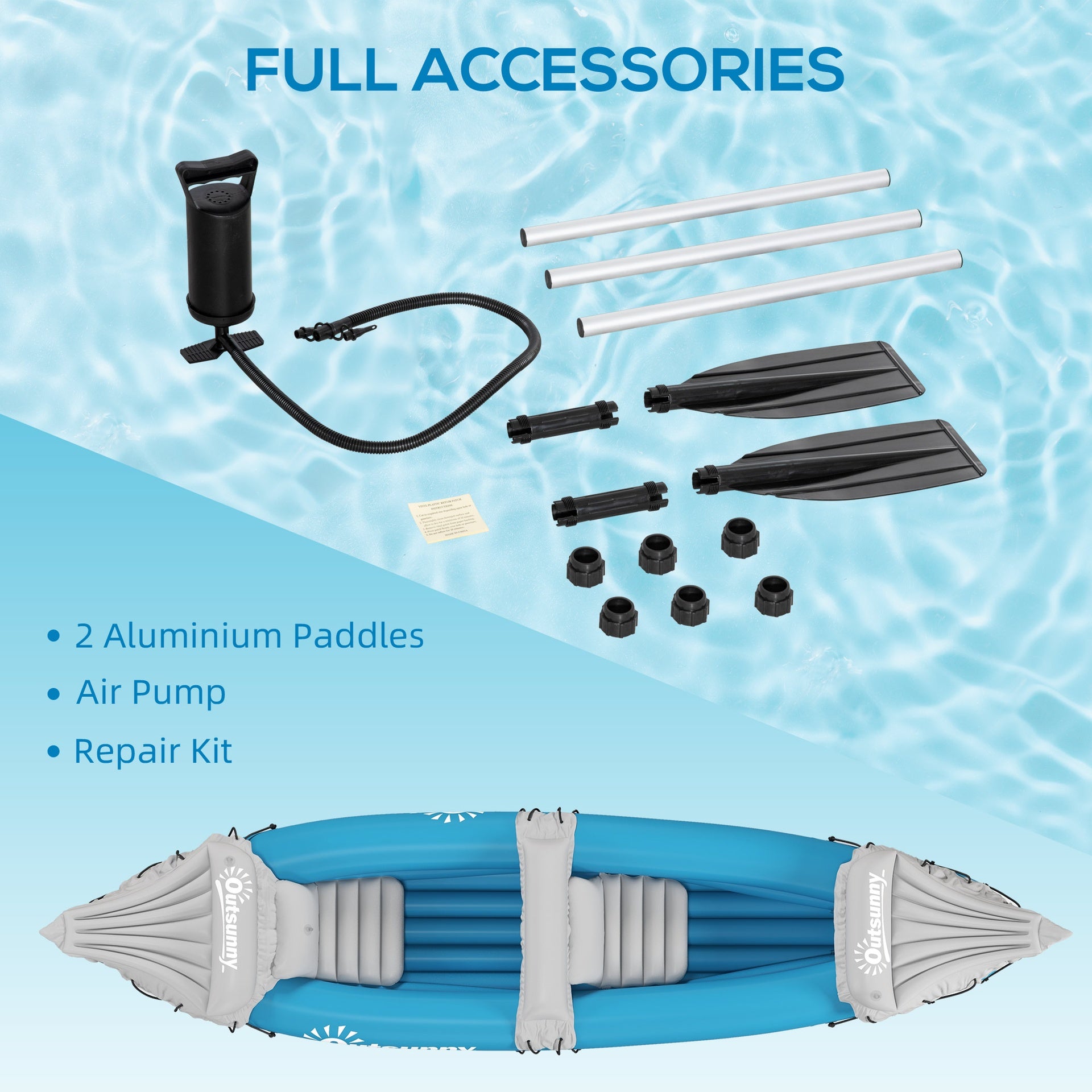Outsunny Kayak, 2 Person Inflatable Kayak, Includes Paddles, Aluminum Oars, Repair Kit, Portable Tandem Blow Up Boat, Blue
