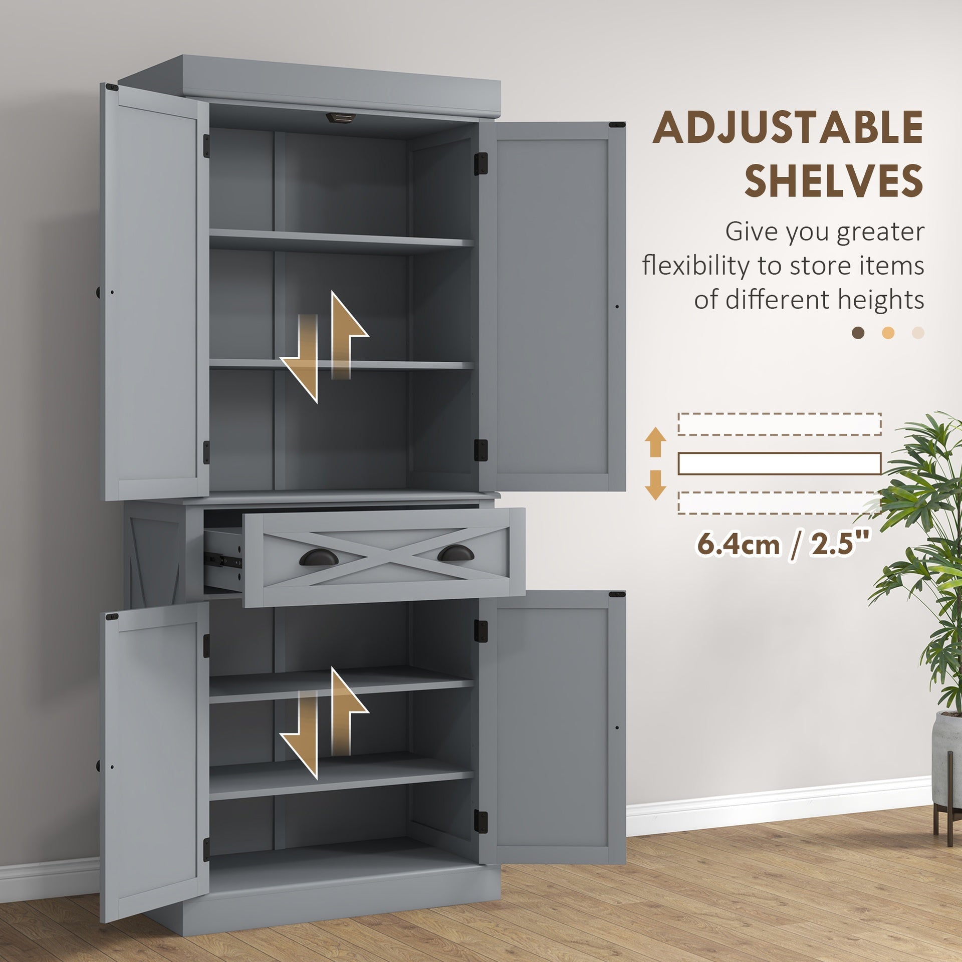 HOMCOM 72" Kitchen Cabinet, Pantry Storage Cabinet with 4 Doors and 2 Adjustable Shelves, Large Central Drawer, Gray