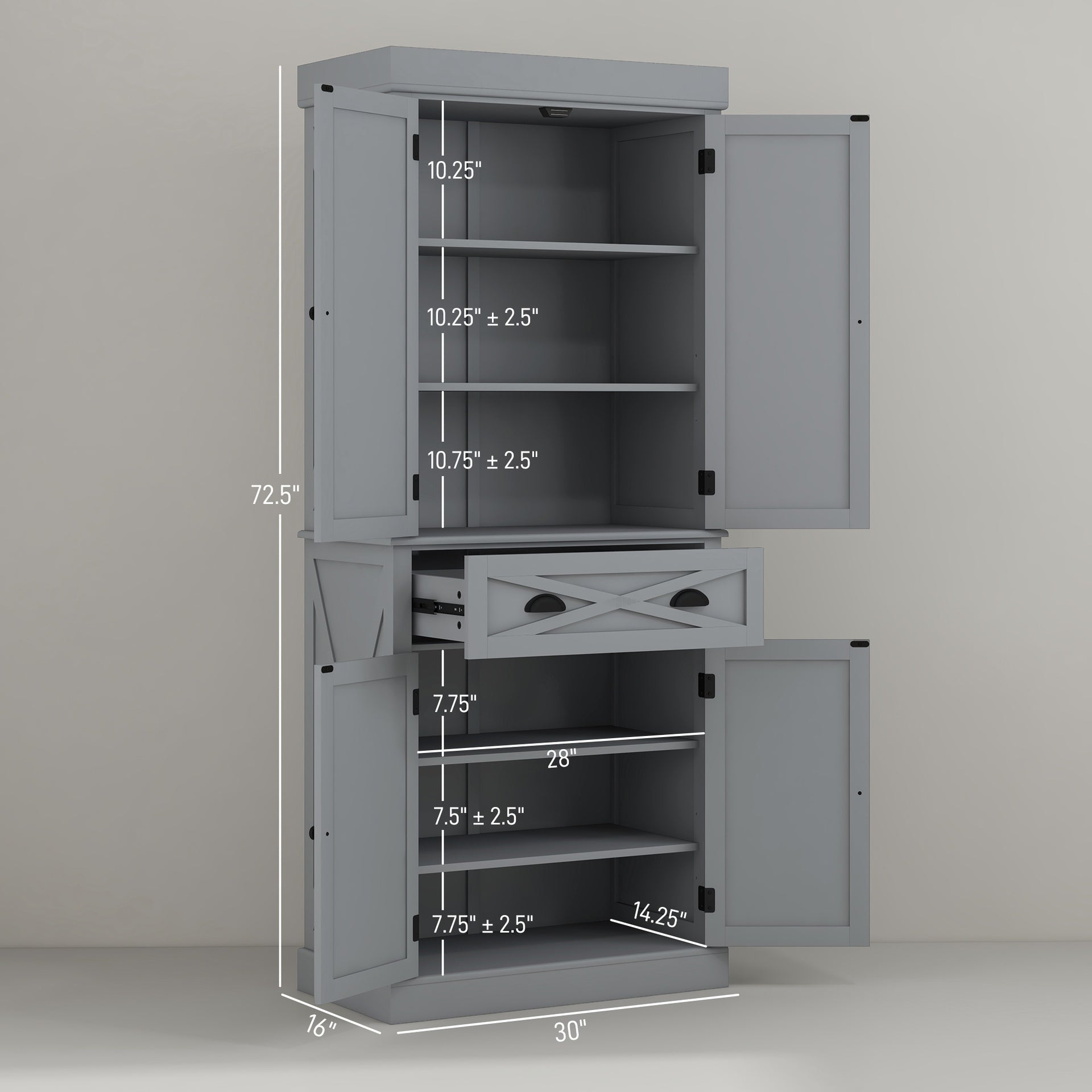 HOMCOM 72" Kitchen Cabinet, Pantry Storage Cabinet with 4 Doors and 2 Adjustable Shelves, Large Central Drawer, Gray