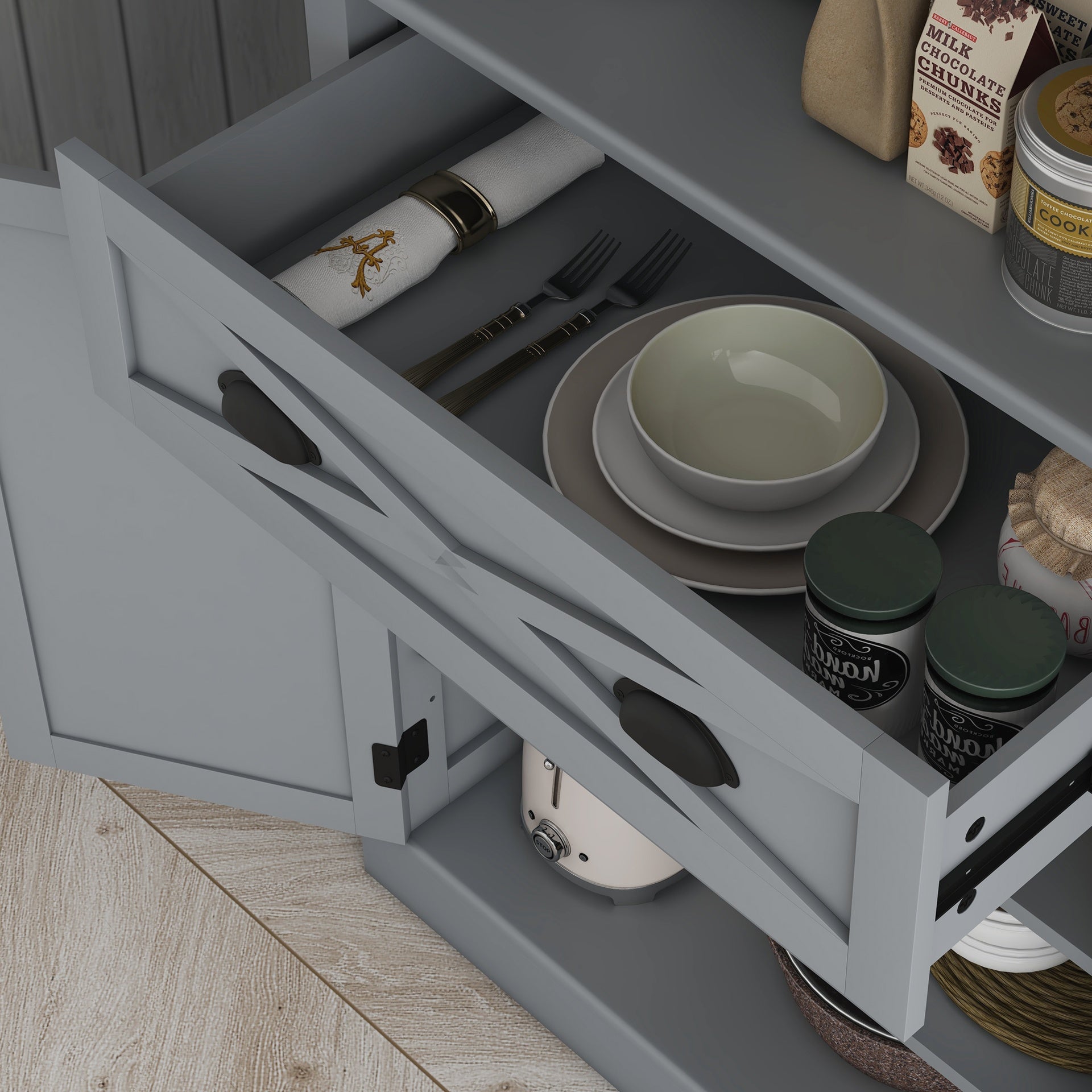 HOMCOM 72" Kitchen Cabinet, Pantry Storage Cabinet with 4 Doors and 2 Adjustable Shelves, Large Central Drawer, Gray