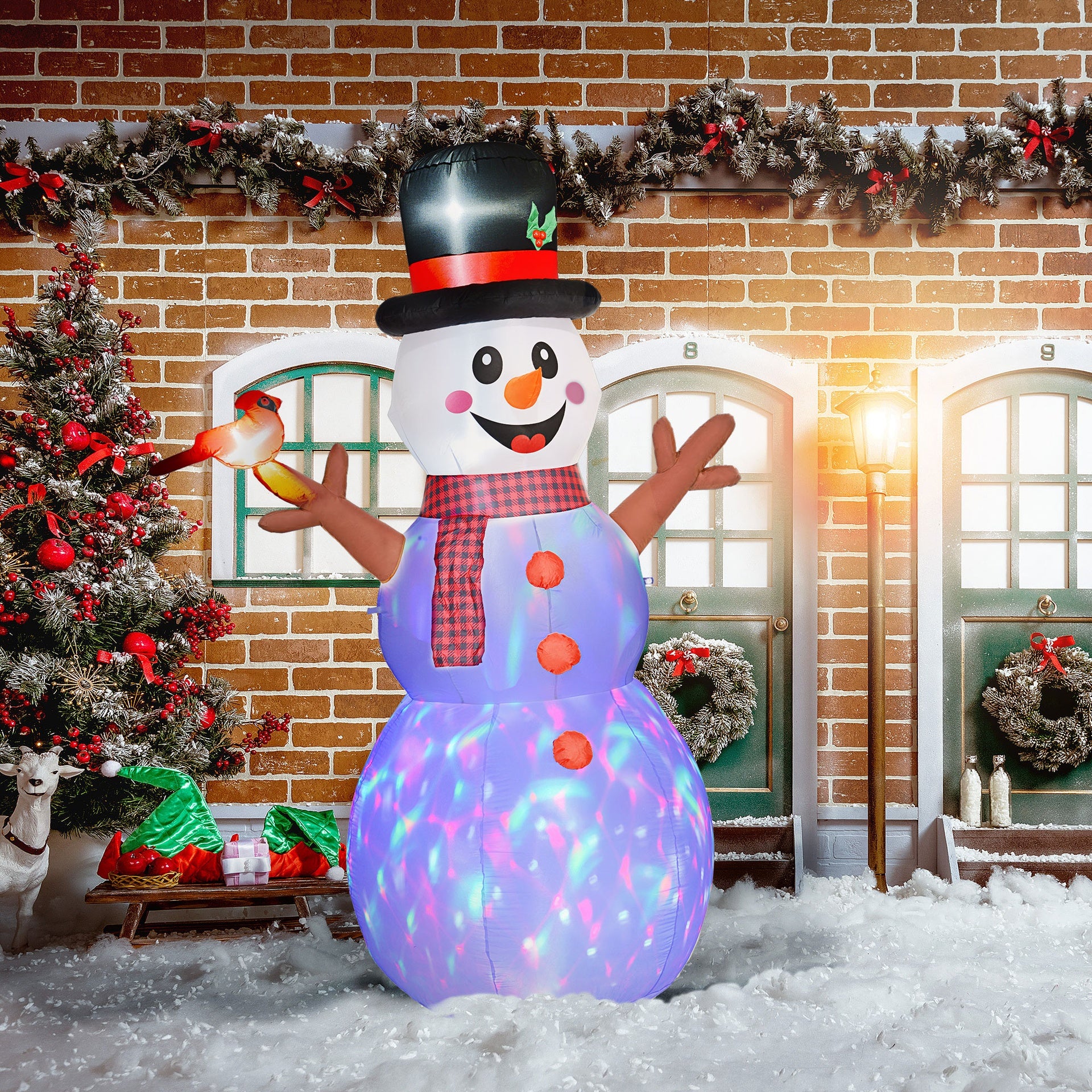 Outsunny 7.9' Inflatable Branch Hand Snowman w/ Rotating Colorful LED Light, Blow-Up Outdoor Display for Party