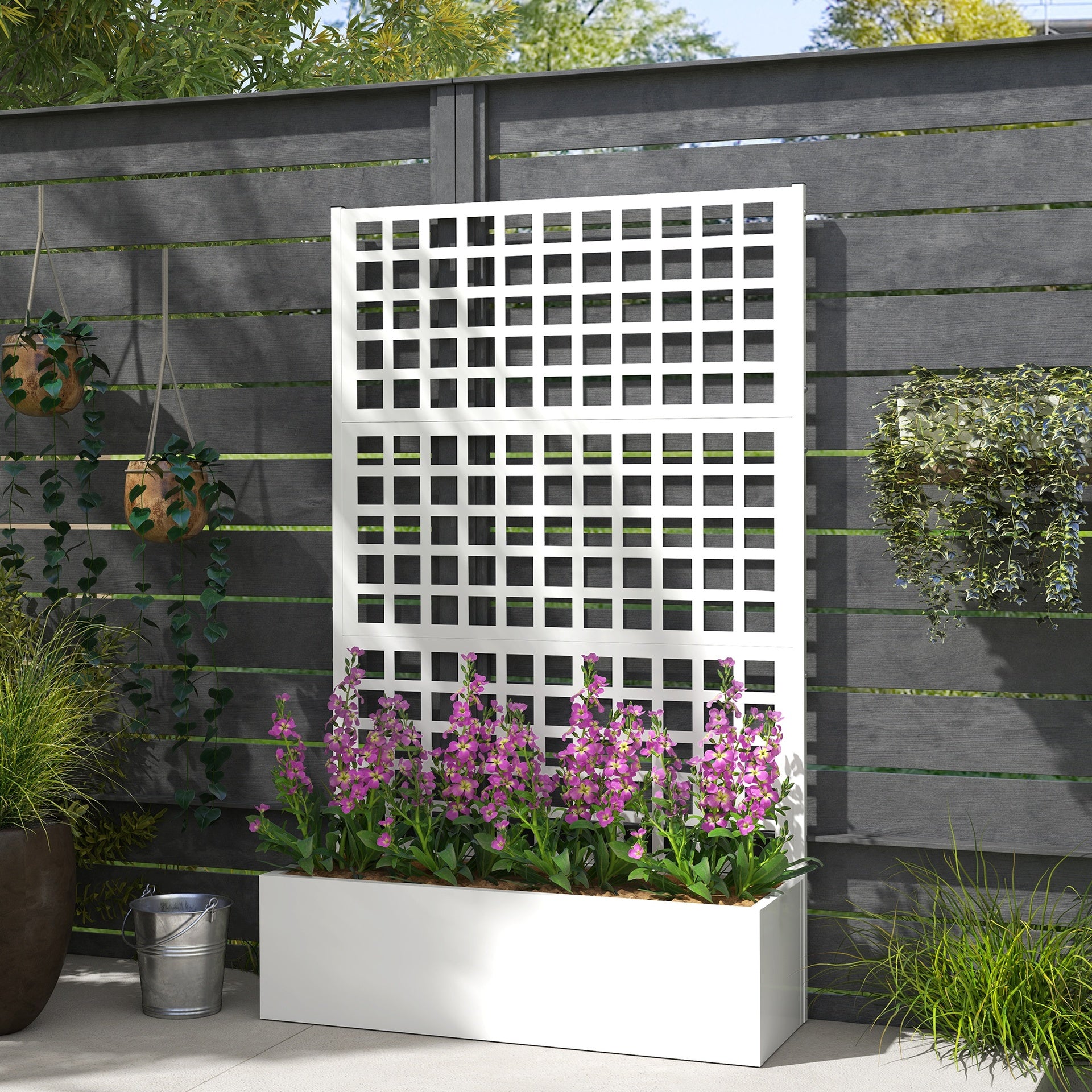 Outsunny Galvanized Raised Garden Bed Planter Box with Trellis for Climbing Plants, Vegetable, Vines, 43" x 16" x 70", White