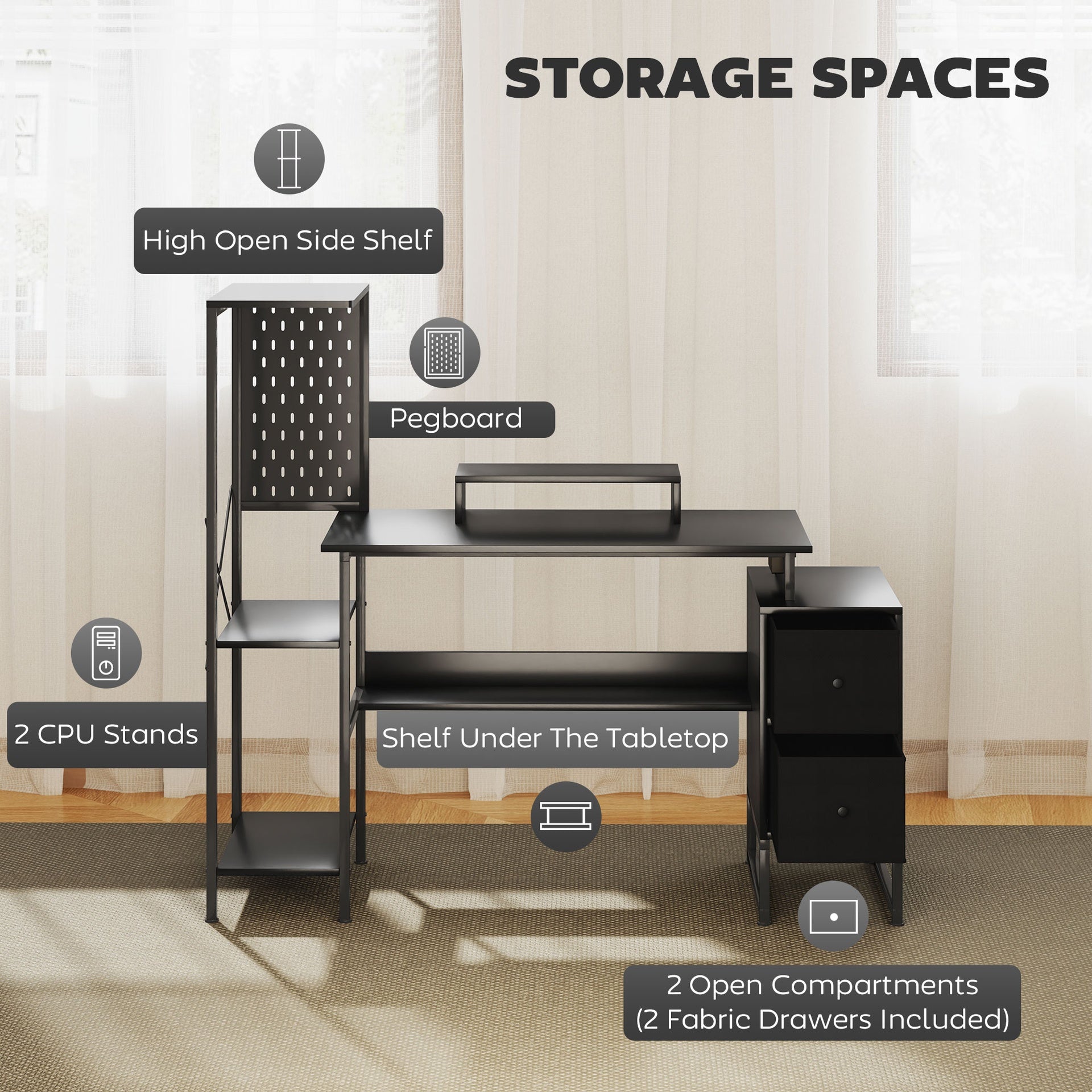 HOMCOM 56" Computer Desk with Storage, Computer Table with Power Outlets and LED Lights, Black