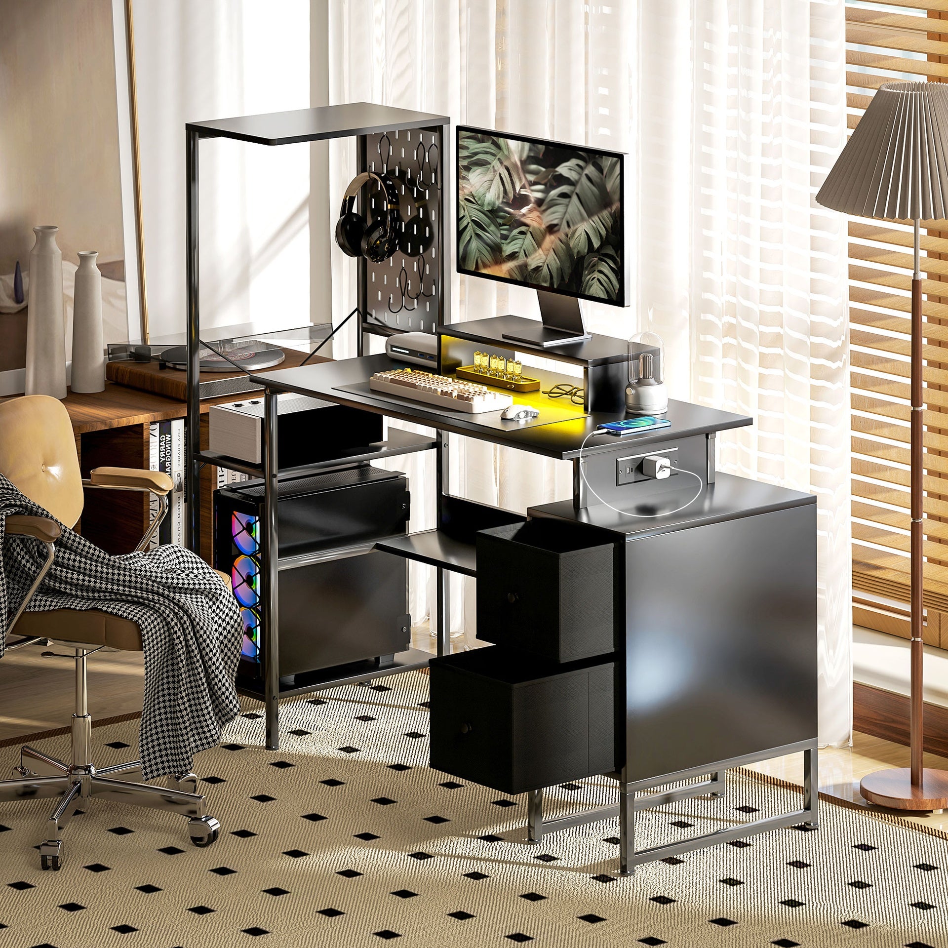 HOMCOM 56" Computer Desk with Storage, Computer Table with Power Outlets and LED Lights, Black
